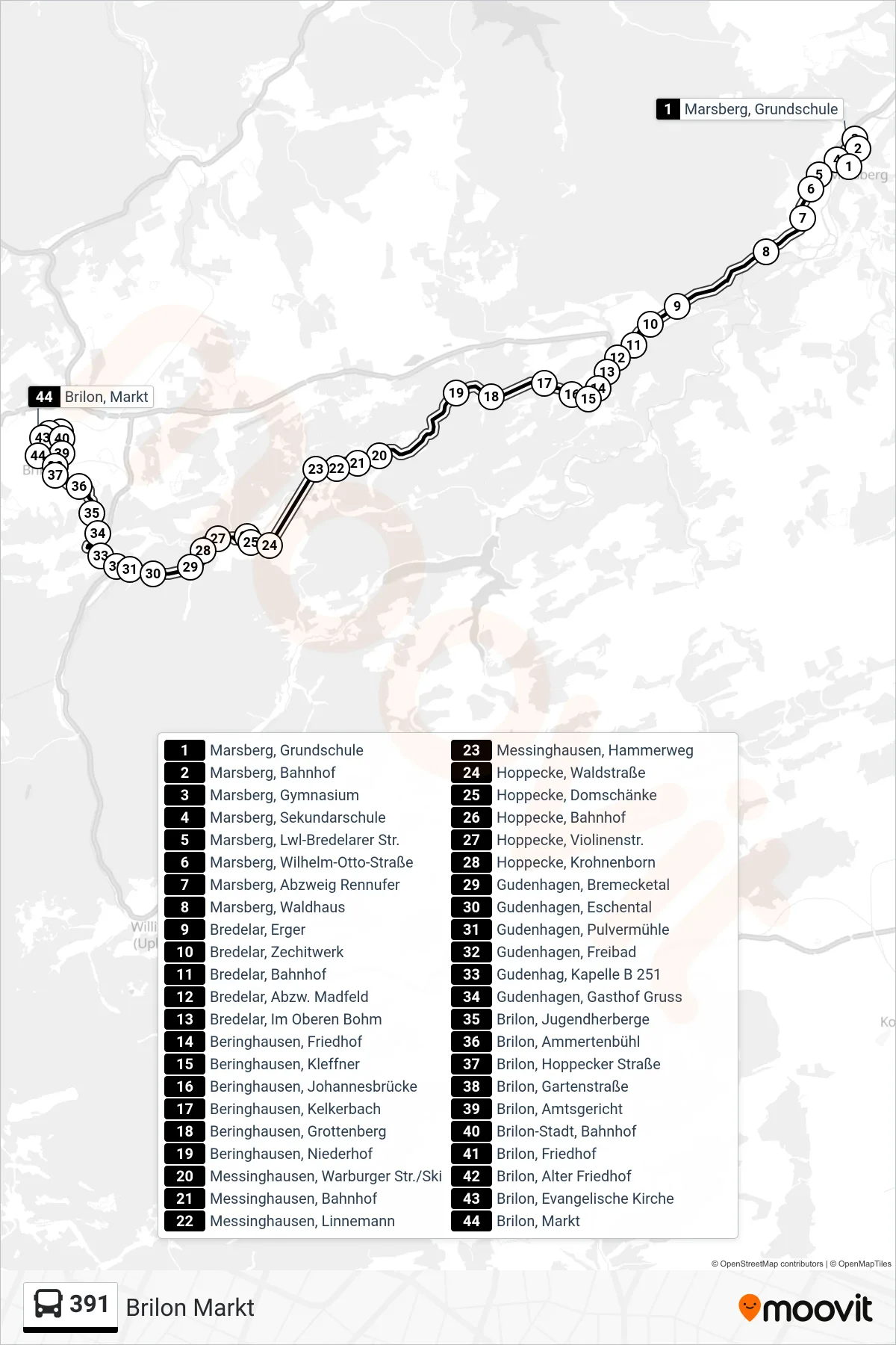 391 bus Line (Brilon Markt) route and stops on a map