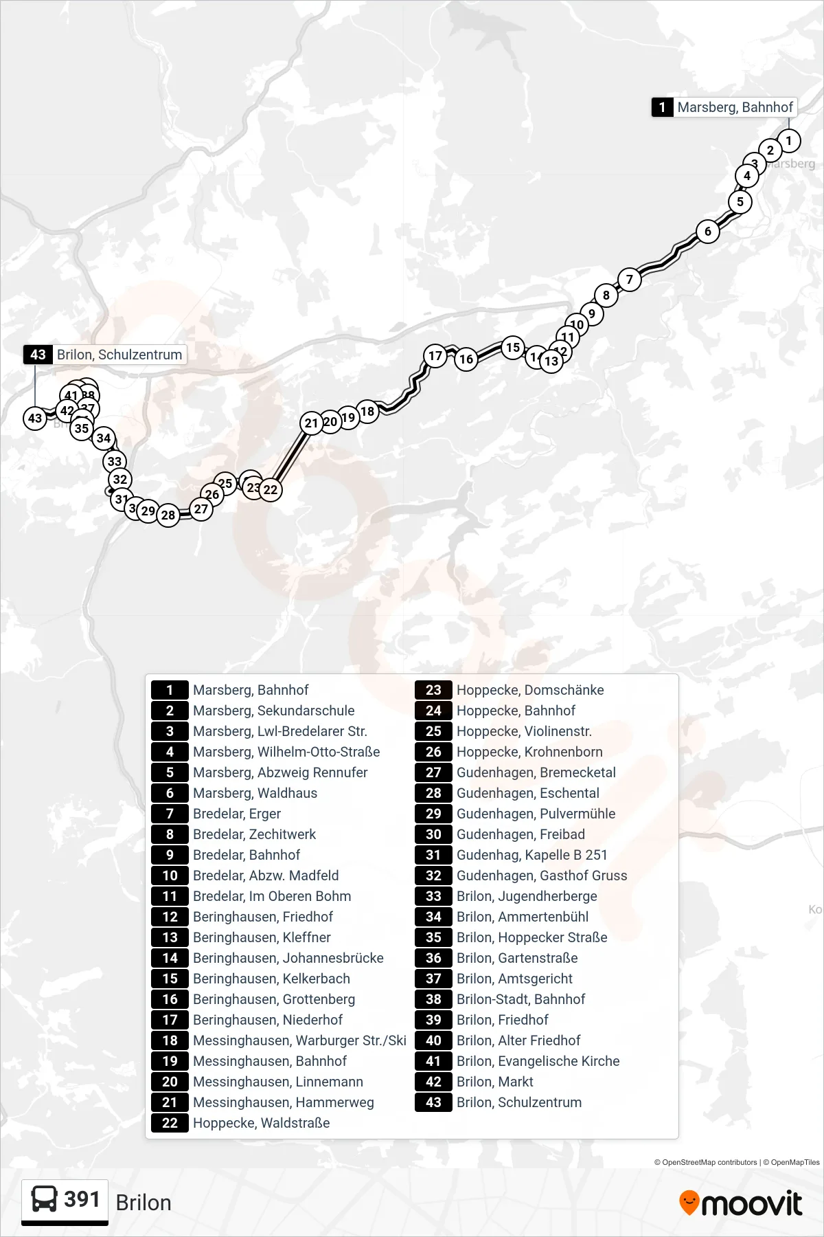 391 bus Line (Brilon) route and stops on a map