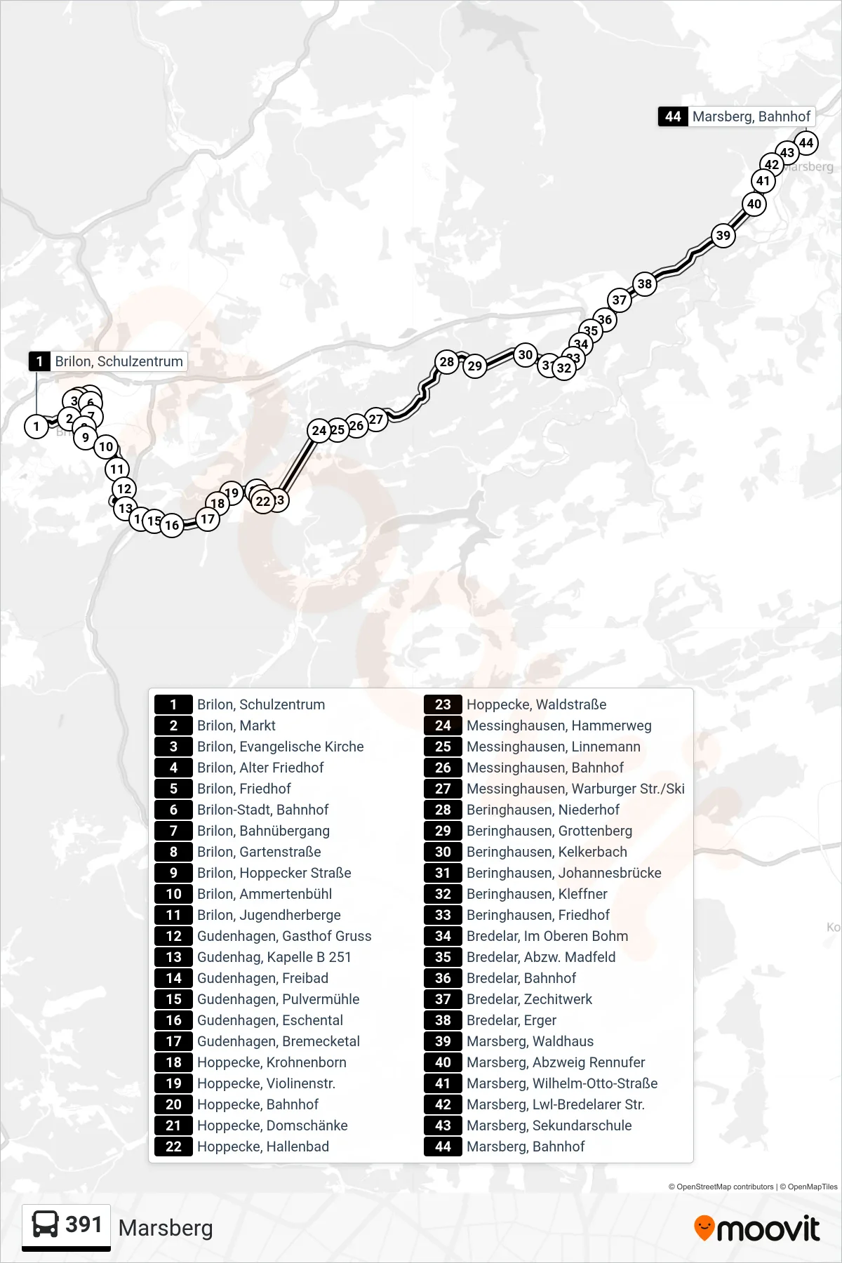 Linie 391 (Bus) Richtung Marsberg: Route und Haltestellen auf der Karte