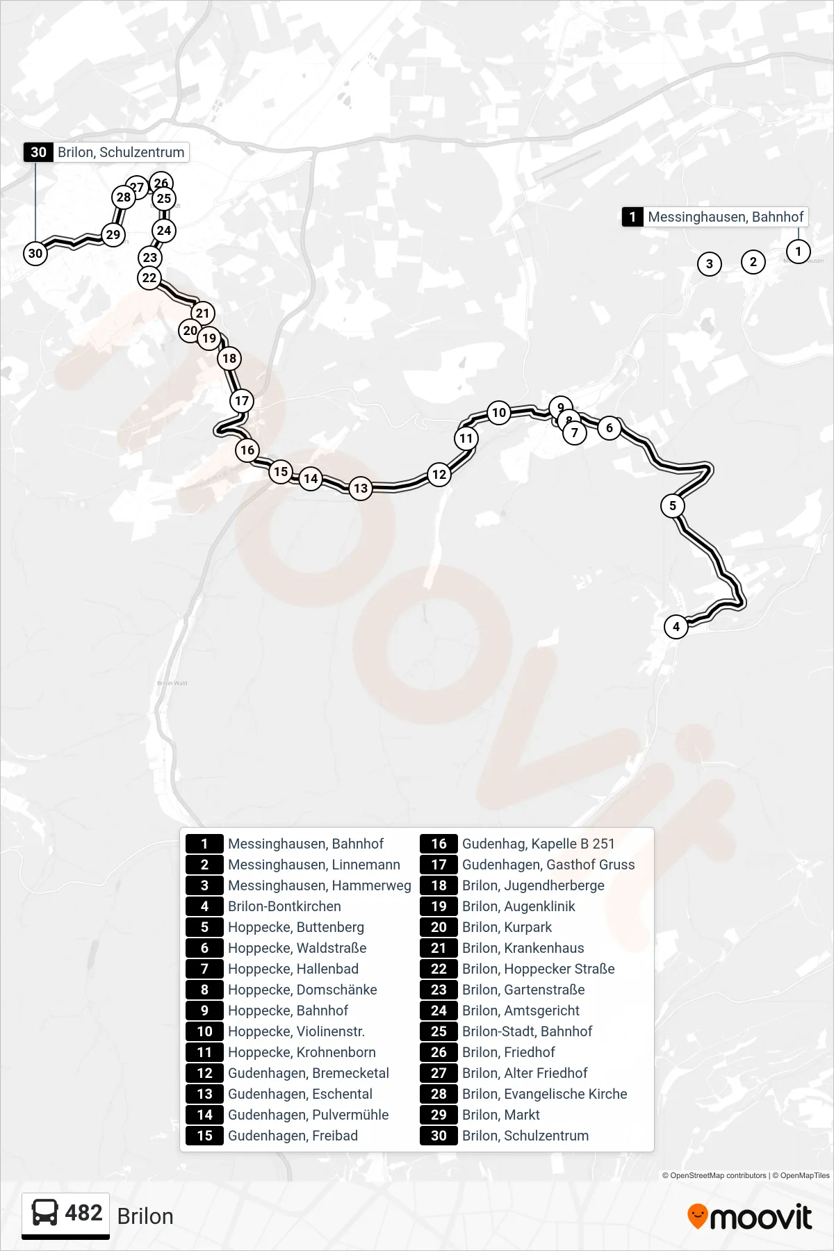 482 bus Line (Brilon) route and stops on a map