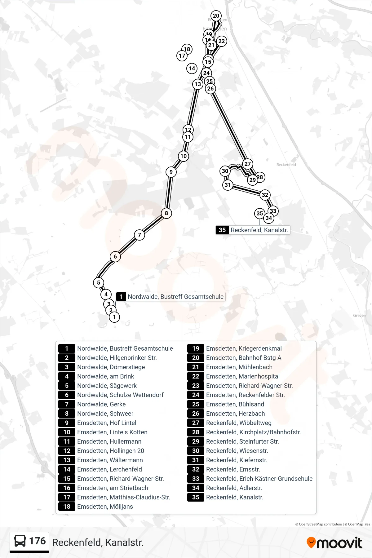 Linie 176 (Bus) Richtung Reckenfeld, Kanalstr.: Route und Haltestellen auf der Karte