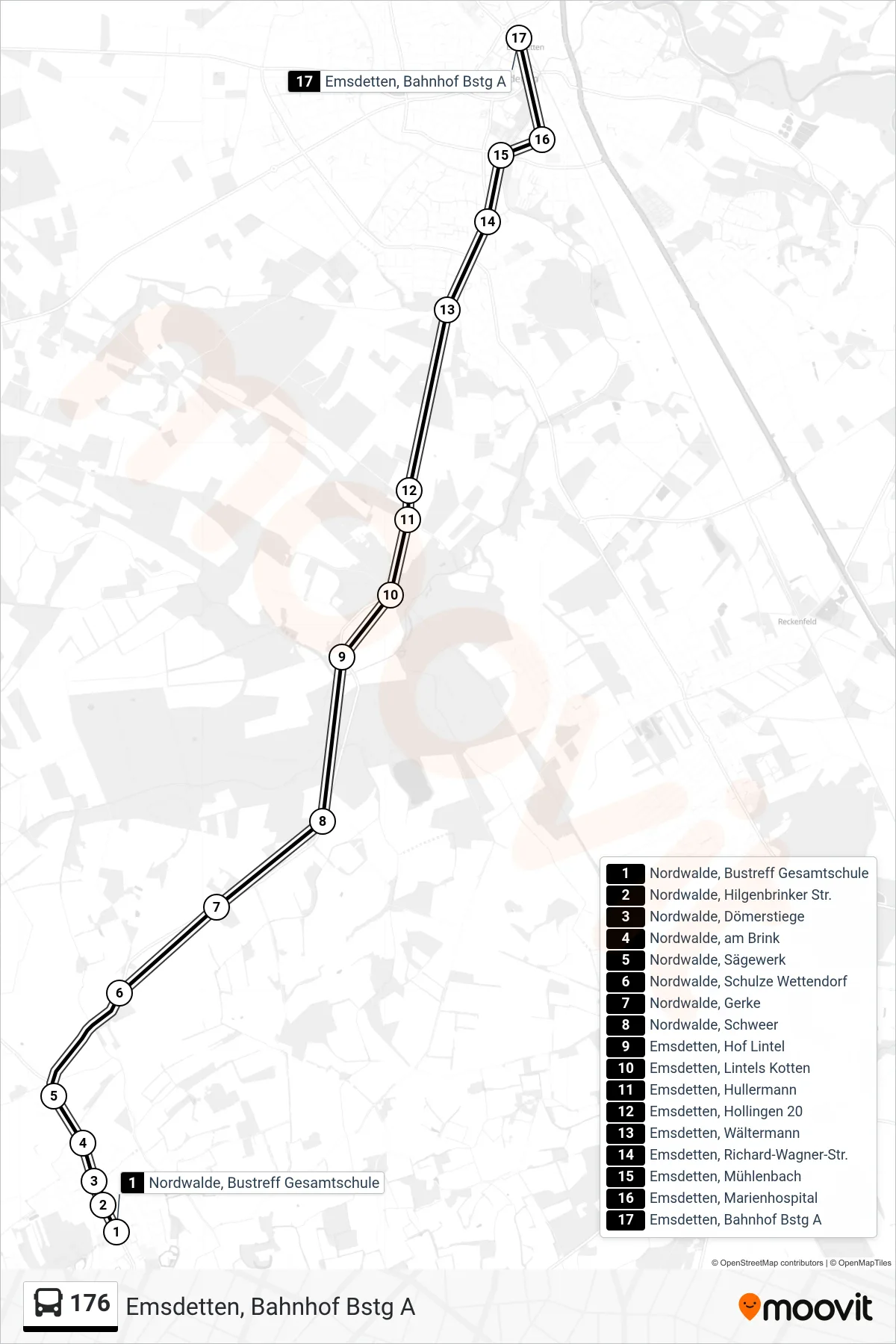 176 bus Line (Emsdetten, Bahnhof Bstg A) route and stops on a map