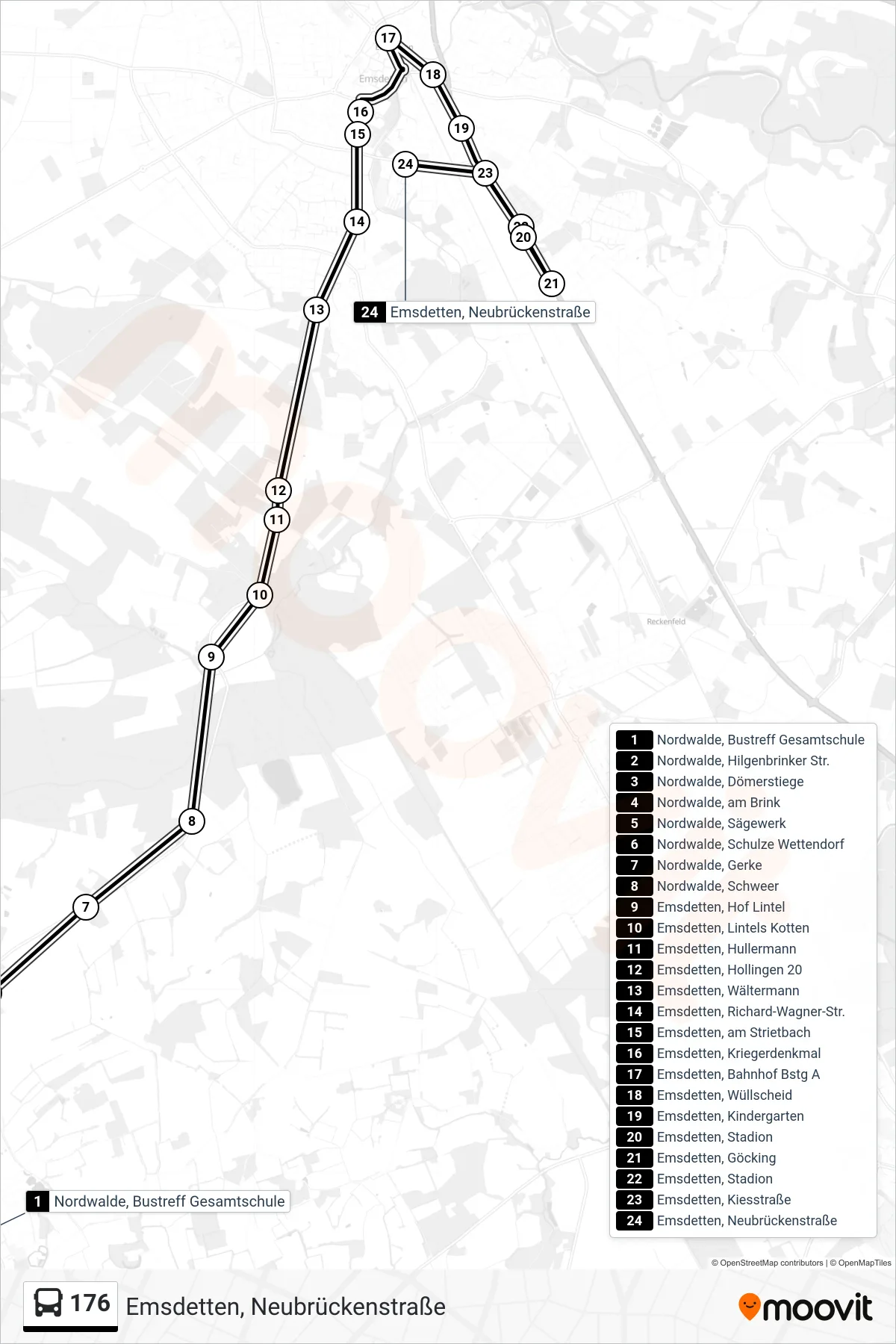 176 bus Line (Emsdetten, Neubrückenstraße) route and stops on a map