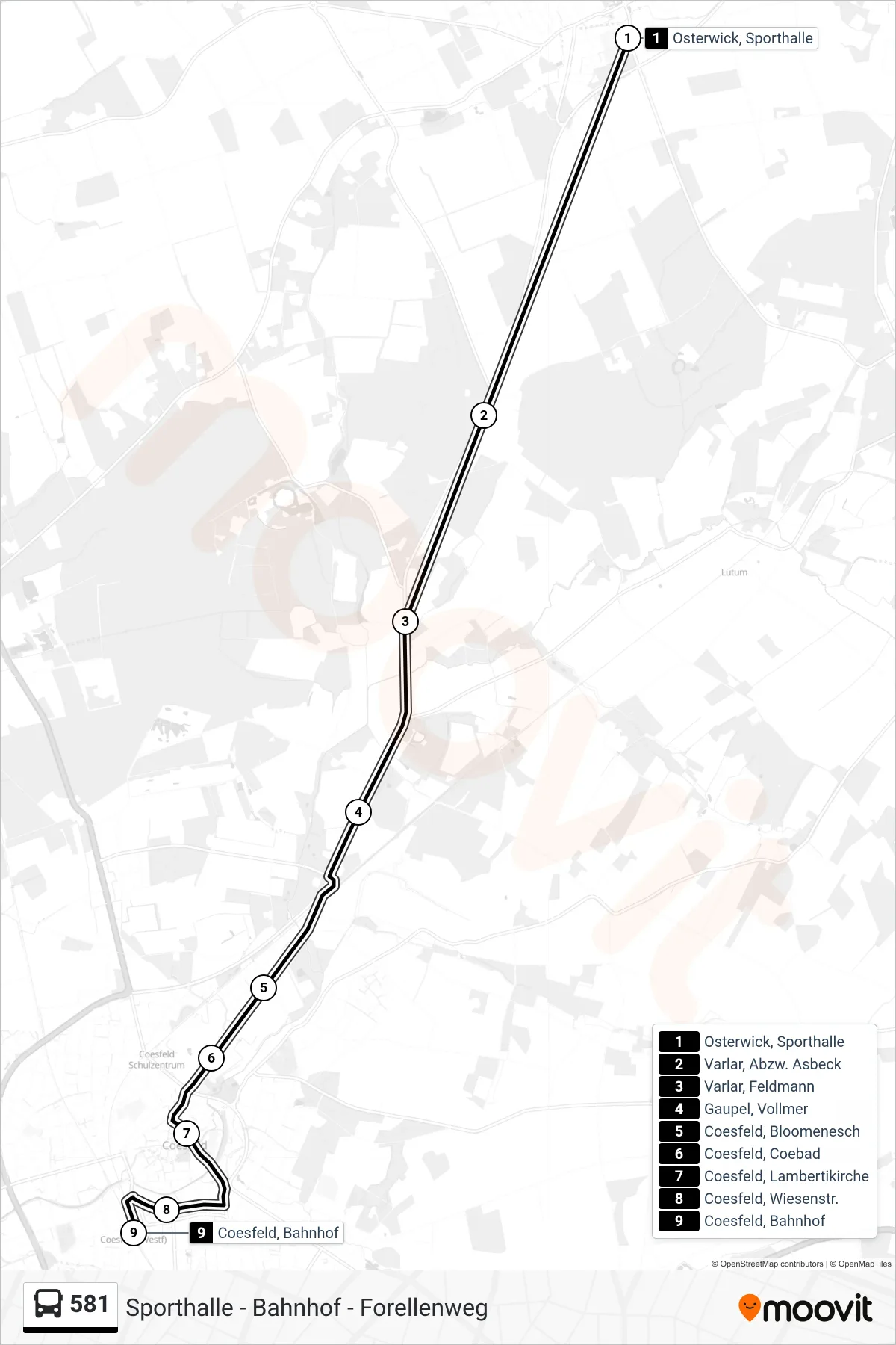 581 bus Line (Coesfeld, Bahnhof Bussteig A) route and stops on a map