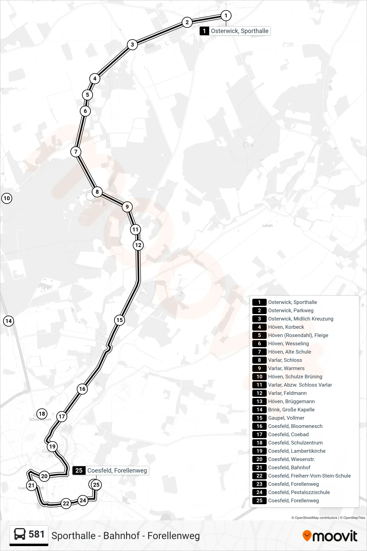 581 bus Line (Coesfeld, Forellenweg) route and stops on a map