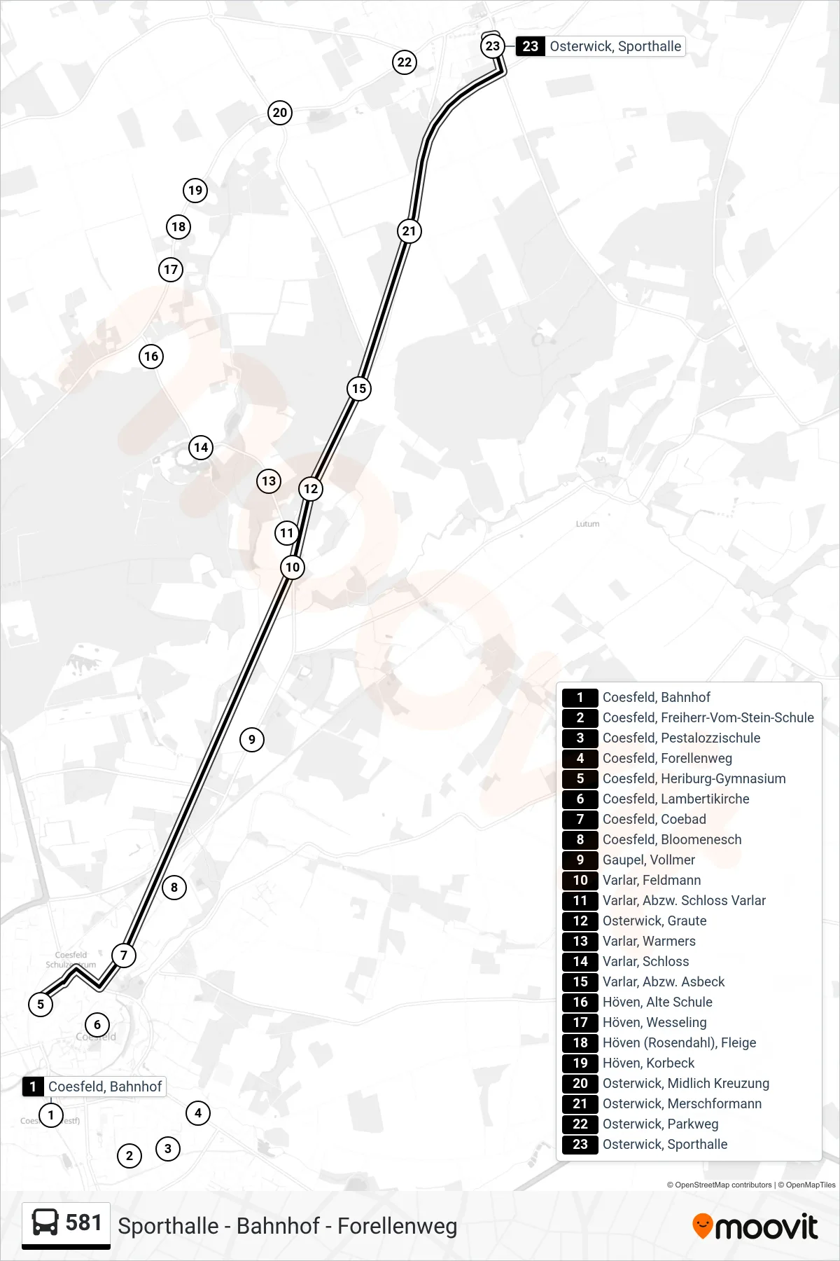 Linie 581 (Bus) Richtung Osterwick, Sporthalle: Route und Haltestellen auf der Karte