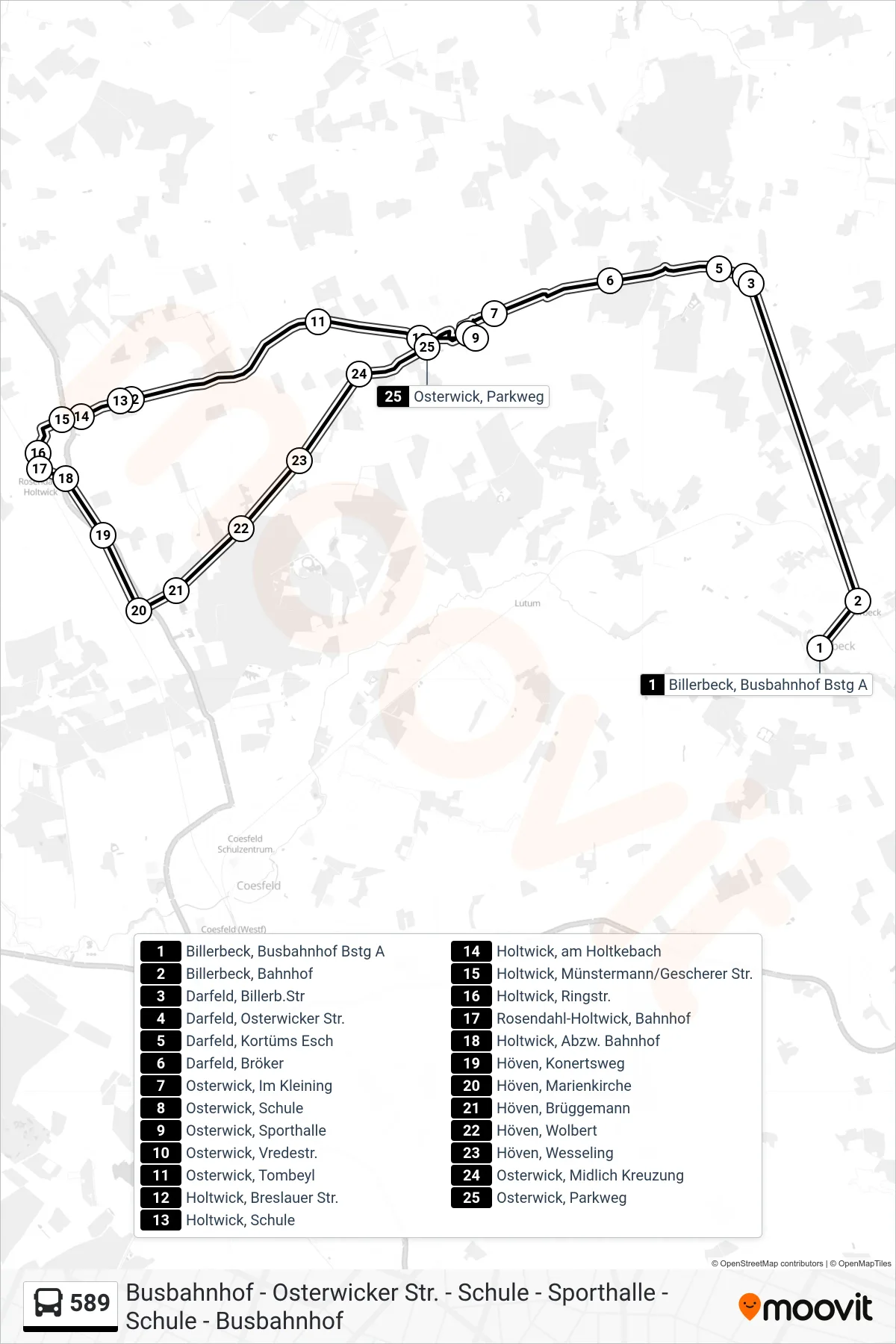 Linie 589 (Bus) Richtung Osterwick, Sporthalle: Route und Haltestellen auf der Karte