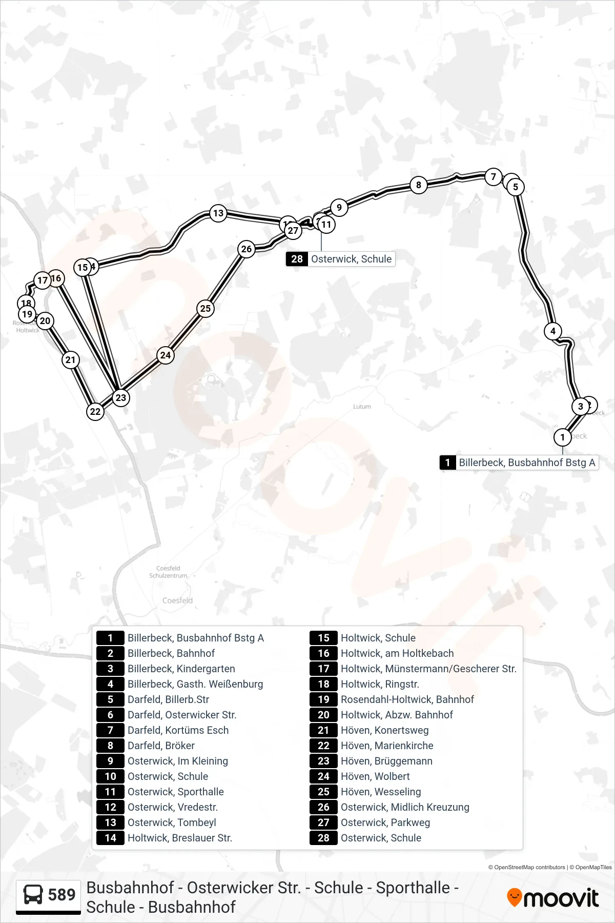 Linie 589 (Bus) Richtung Osterwick, Schule: Route und Haltestellen auf der Karte