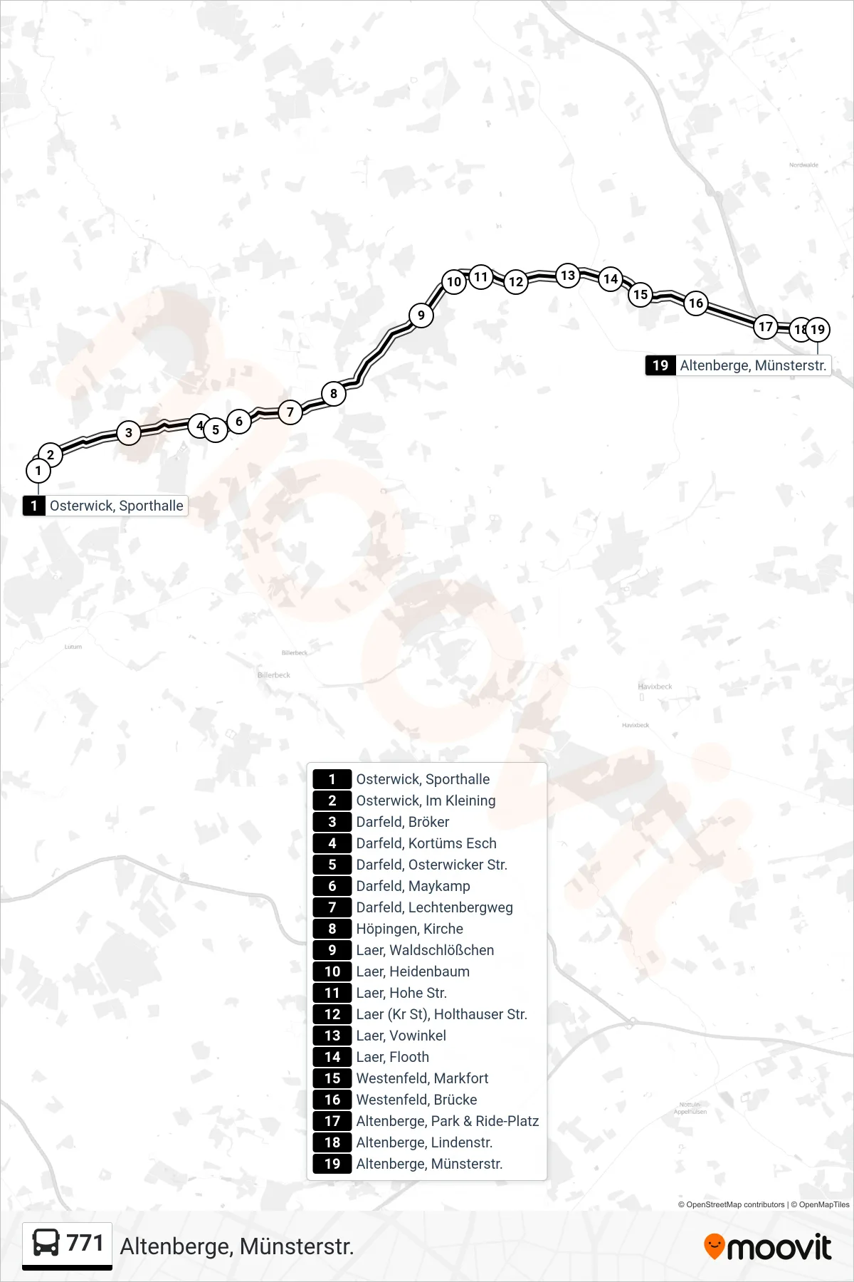 771 bus Line (Altenberge, Münsterstr.) route and stops on a map
