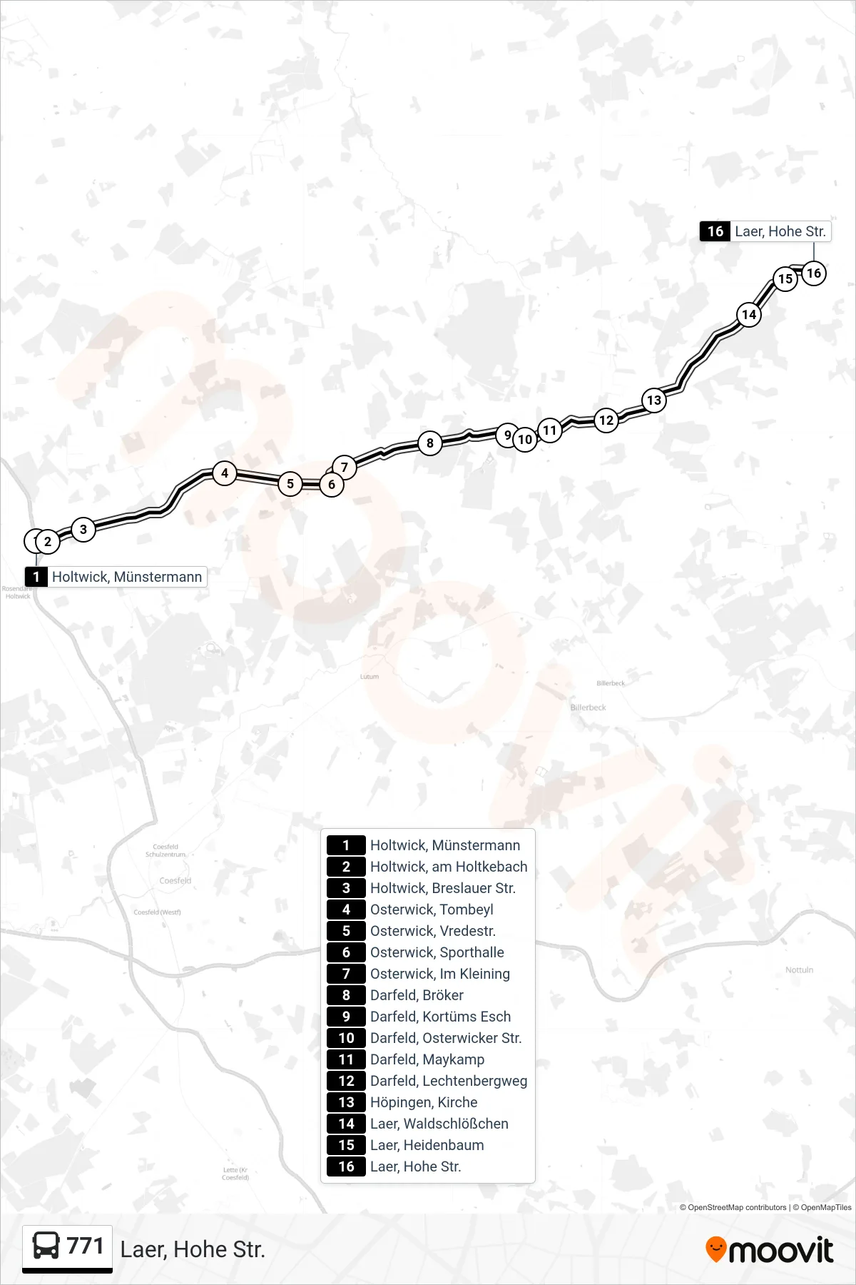 771 bus Line (Laer, Hohe Str.) route and stops on a map