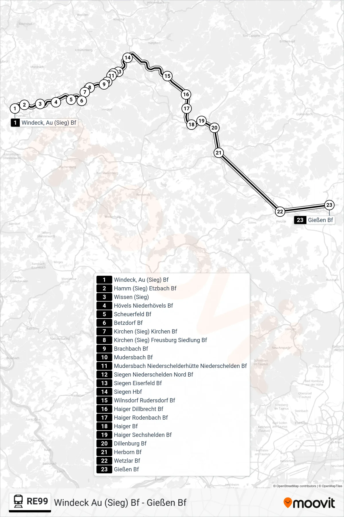 Linie RE99 (Bahn) Richtung Gießen Bf: Route und Haltestellen auf der Karte