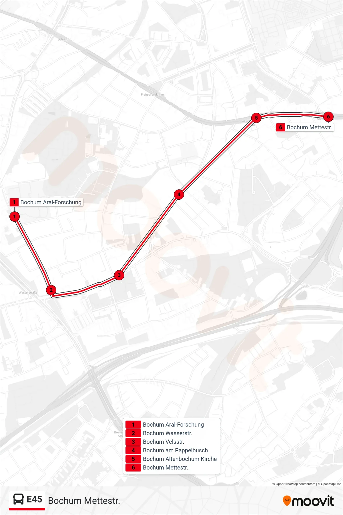 Linie E45 (Bus) Richtung Bochum Mettestr.: Route und Haltestellen auf der Karte