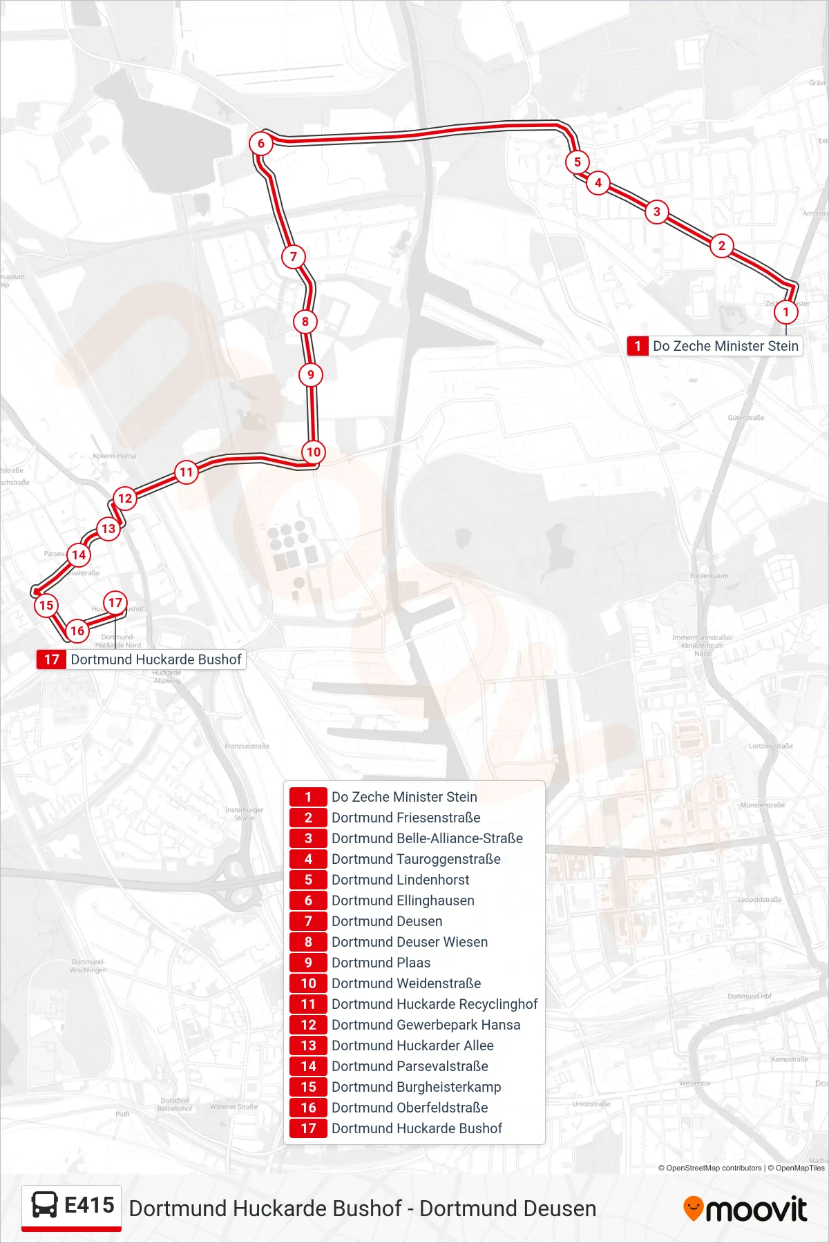 Linie E415 (Bus) Richtung Dortmund Huckarde Bushof: Route und Haltestellen auf der Karte
