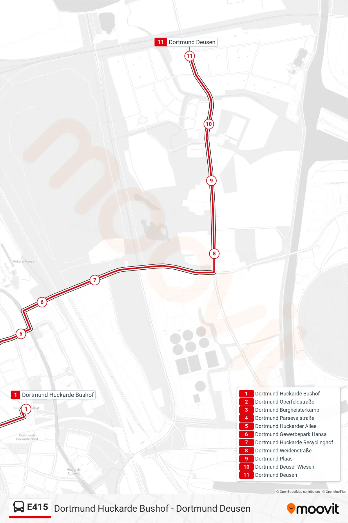 E415 bus Line (Dortmund Deusen) route and stops on a map