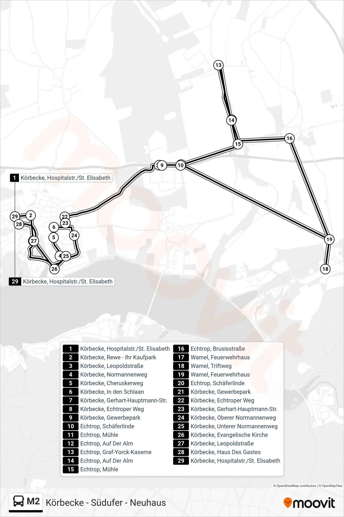 Linie M2 (Bus) Richtung Körbecke, Hospitalstr./St. Elisabeth: Route und Haltestellen auf der Karte