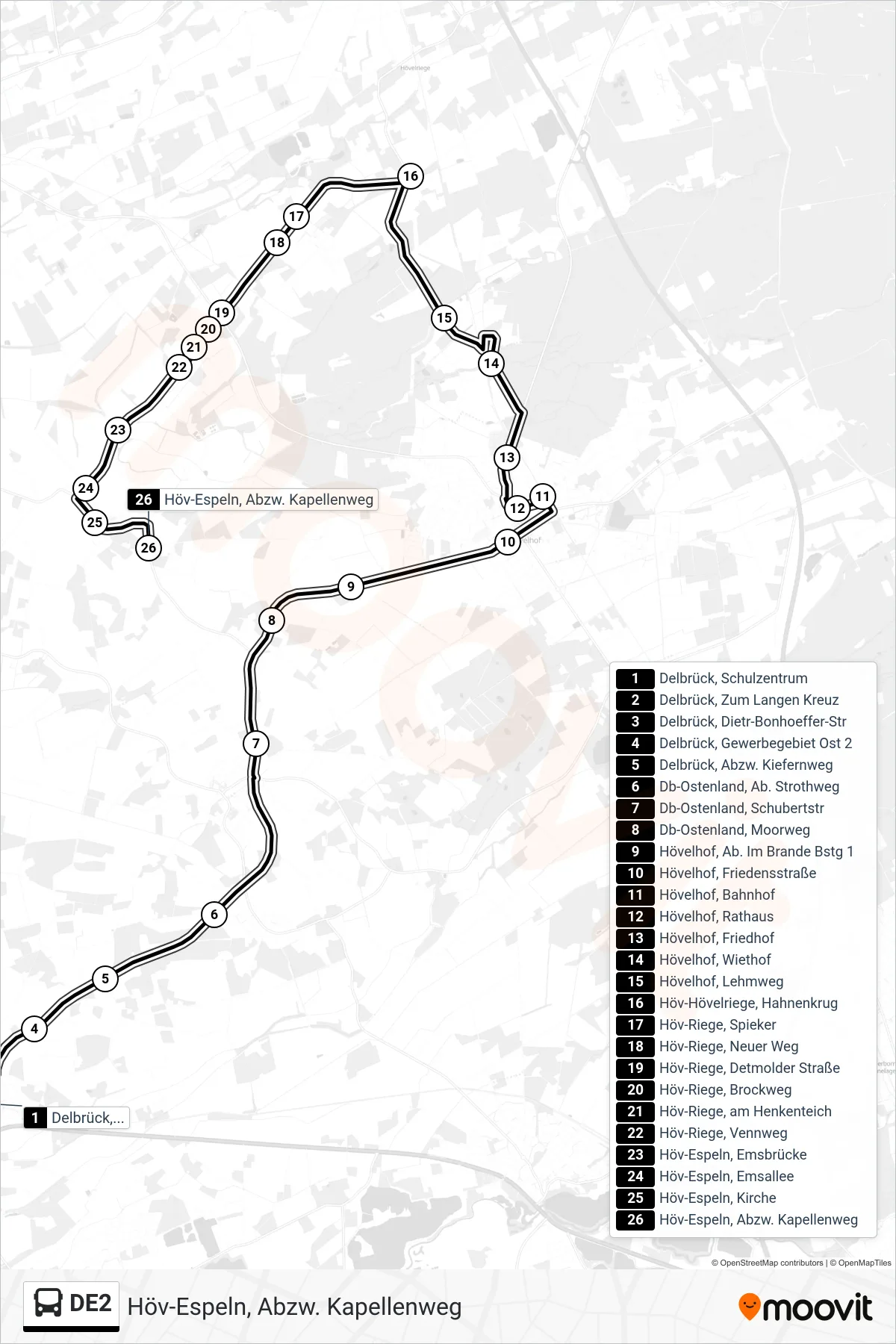 DE2 bus Line (Höv-Espeln, Abzw. Kapellenweg) route and stops on a map