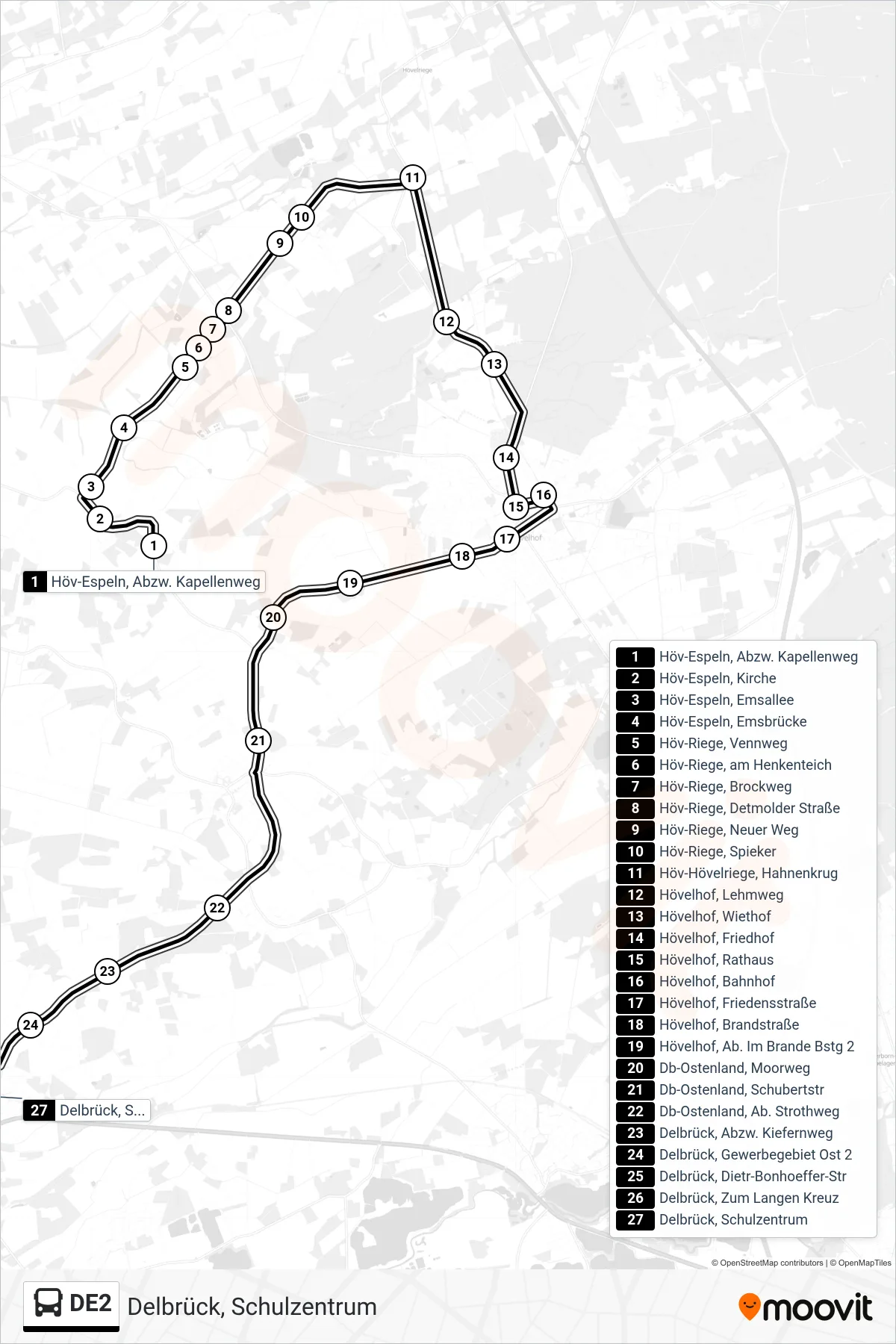 Linie DE2 (Bus) Richtung Delbrück, Schulzentrum: Route und Haltestellen auf der Karte
