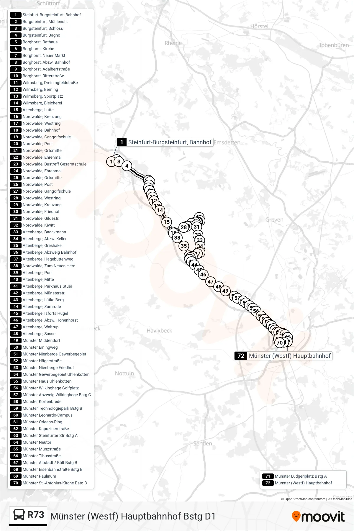 Linie R73 (Bus) Richtung Münster (Westf) Hauptbahnhof Bstg D1: Route und Haltestellen auf der Karte