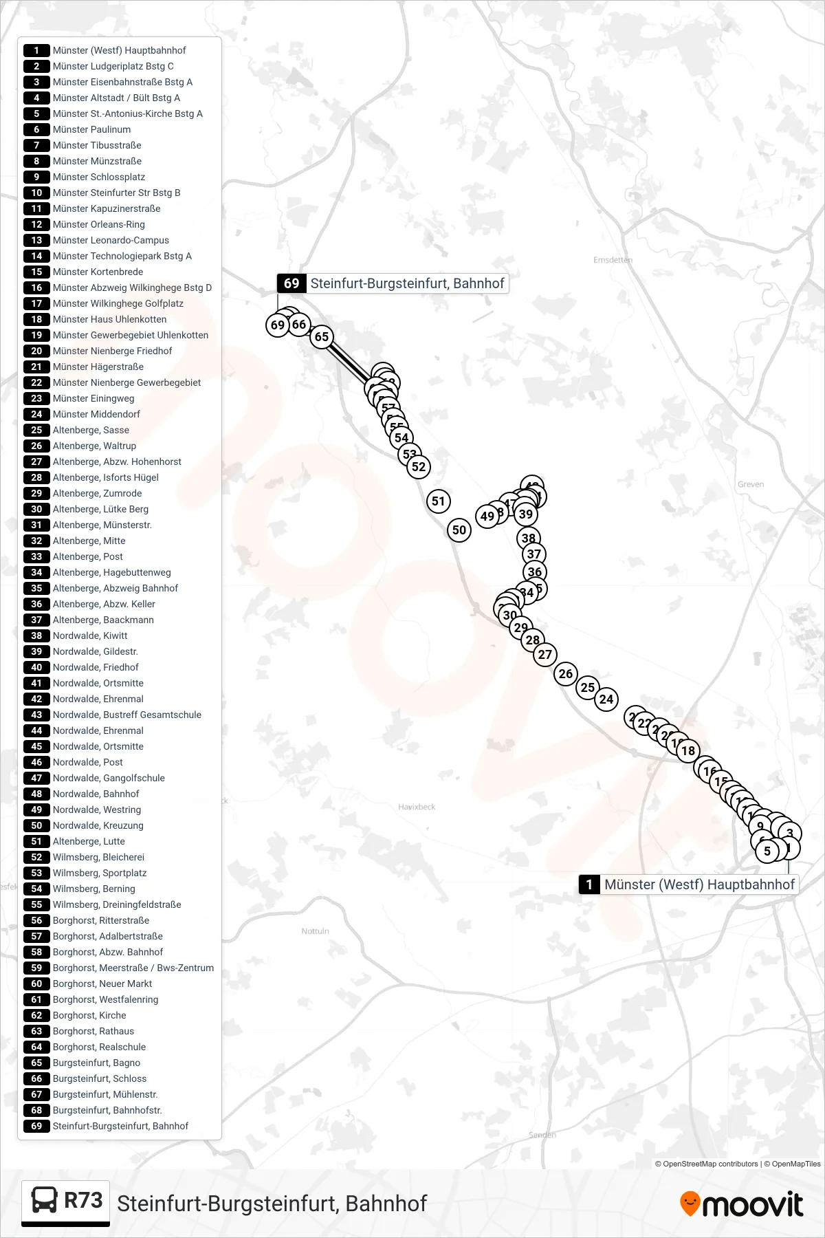 R73 bus Line (Steinfurt-Burgsteinfurt, Bahnhof) route and stops on a map