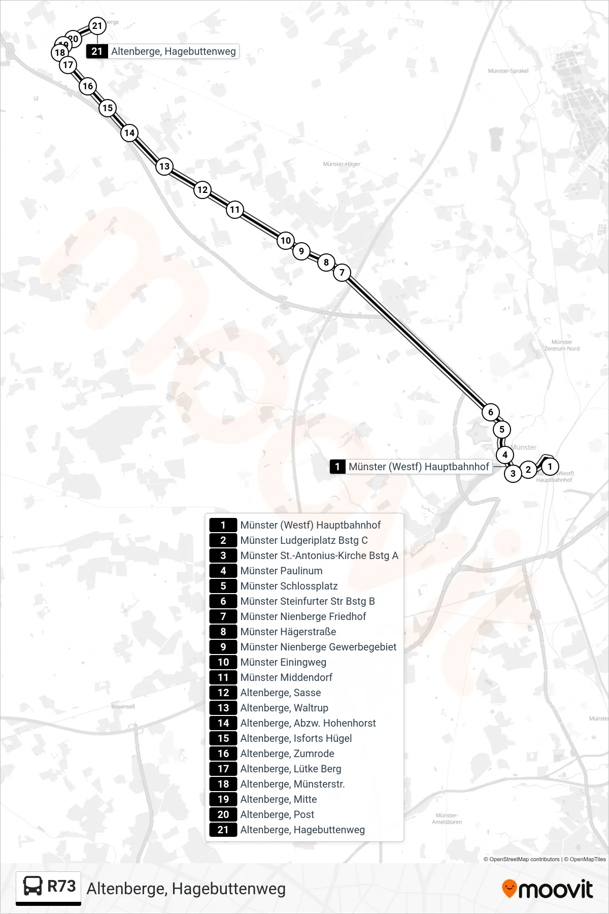 R73 bus Line (Altenberge, Hagebuttenweg) route and stops on a map