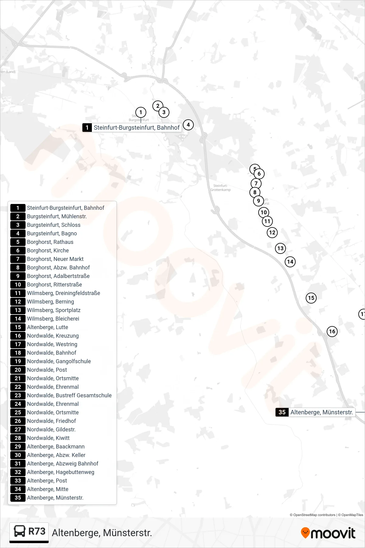 R73 bus Line (Altenberge, Münsterstr.) route and stops on a map