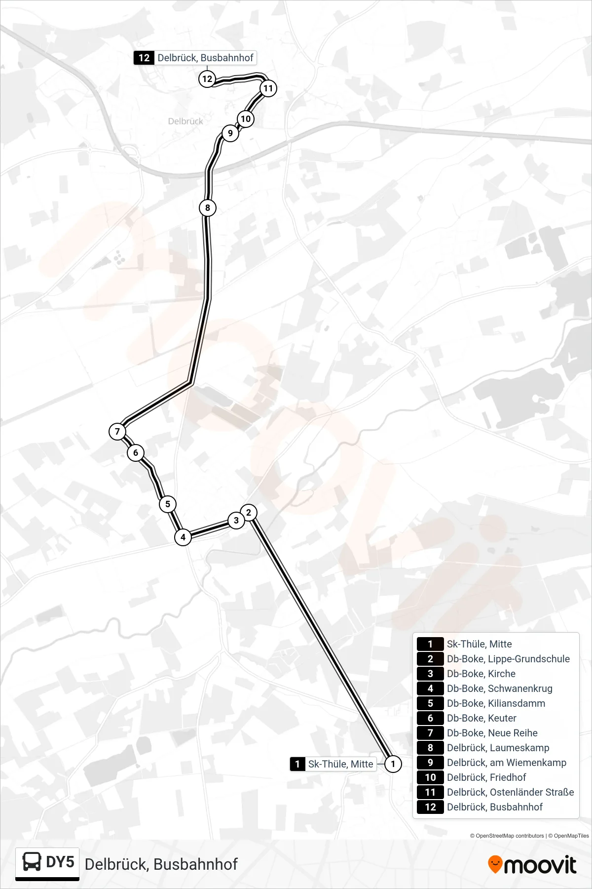 DY5 bus Line (Delbrück, Busbahnhof) route and stops on a map