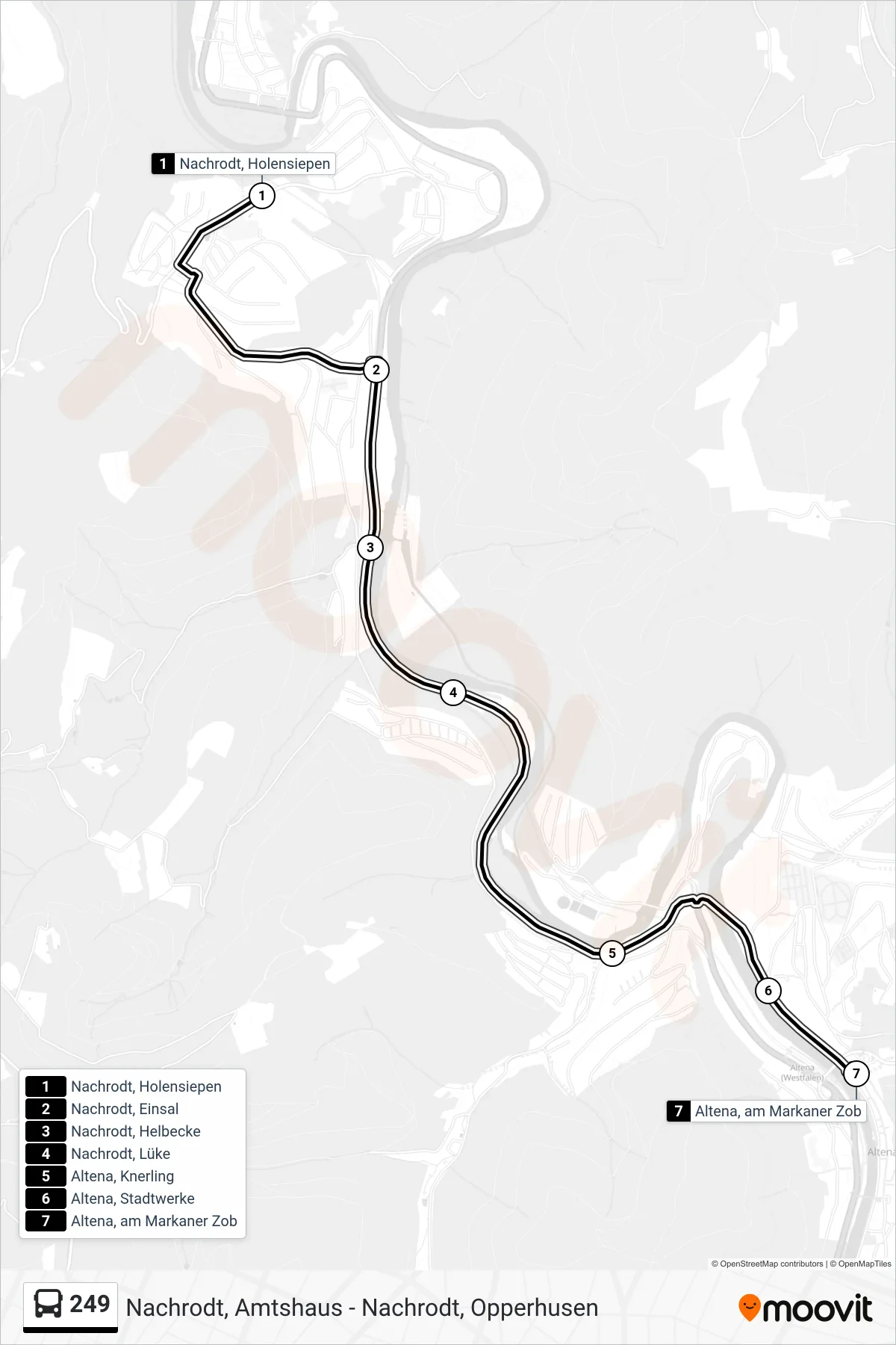 249 bus Line (Altena, am Markaner Zob - Steig 2) route and stops on a map