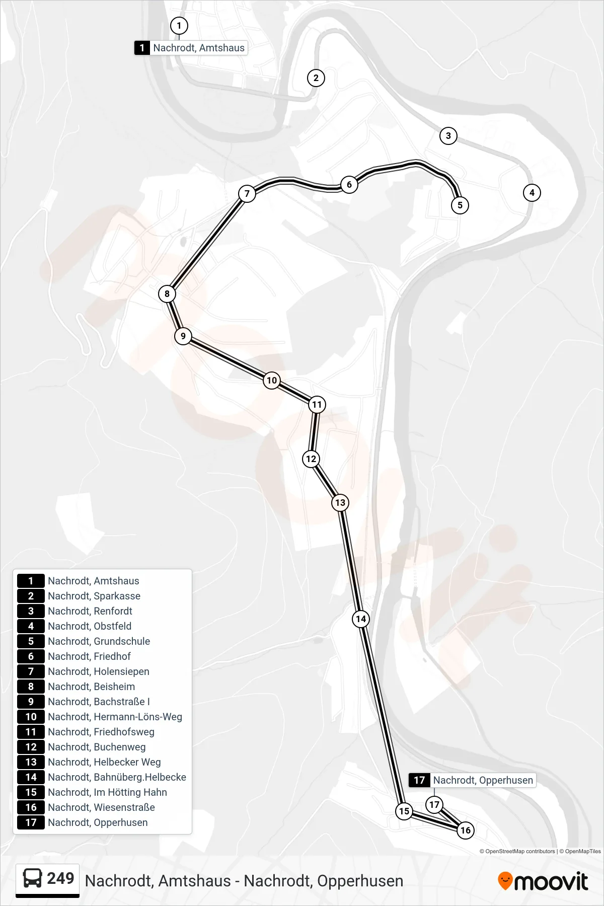 249 bus Line (Nachrodt, Opperhusen) route and stops on a map