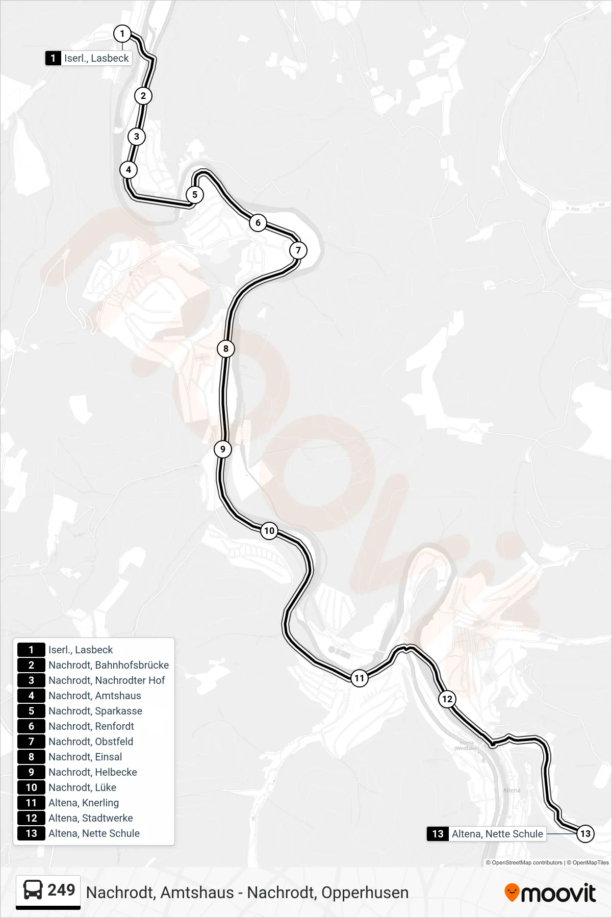 249 bus Line (Altena, Nette Schule) route and stops on a map