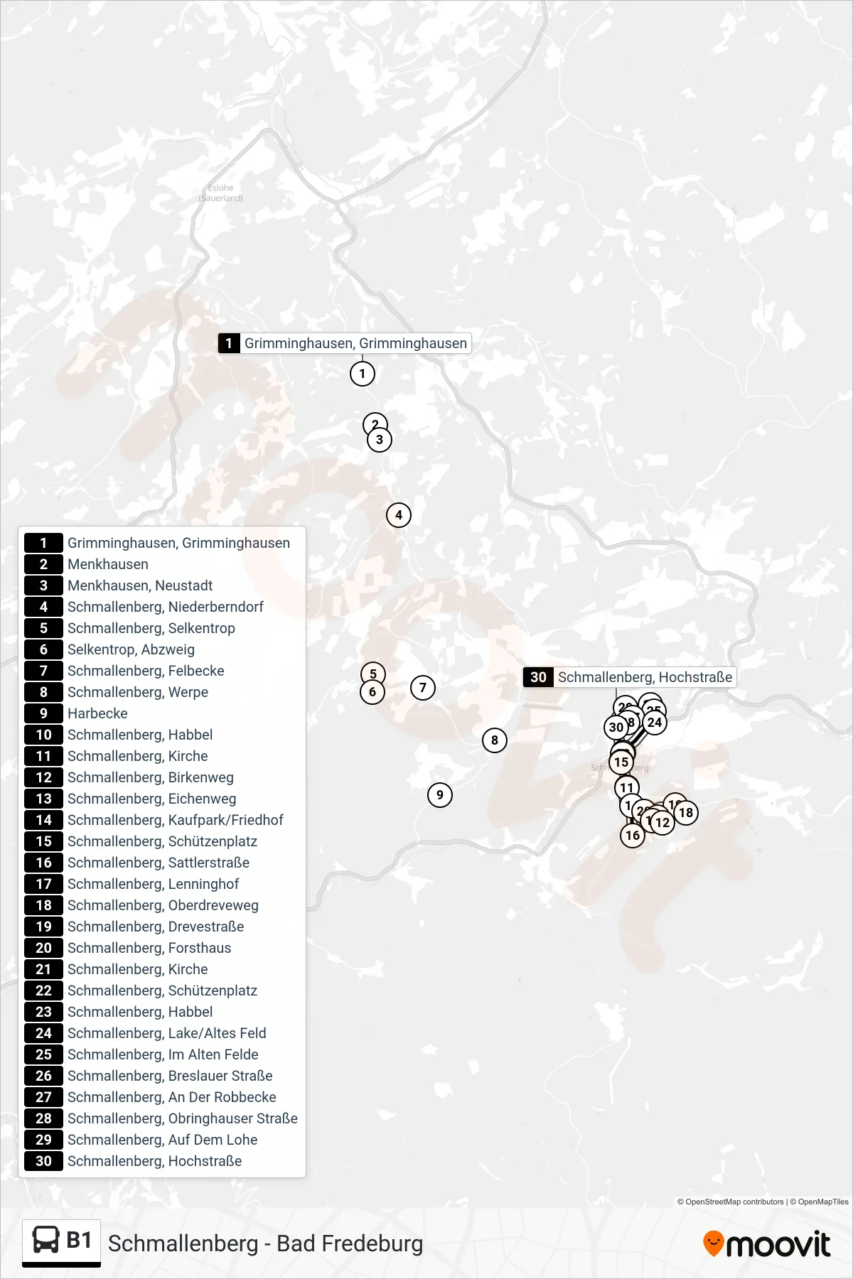Linie B1 (Bus) Richtung Schmallenberg, Schützenplatz: Route und Haltestellen auf der Karte