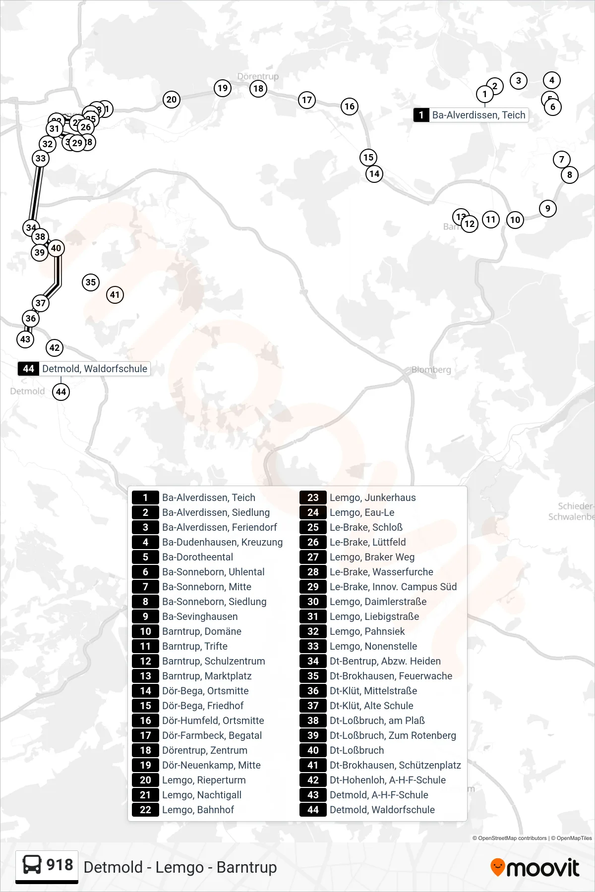 918 bus Line (Detmold) route and stops on a map