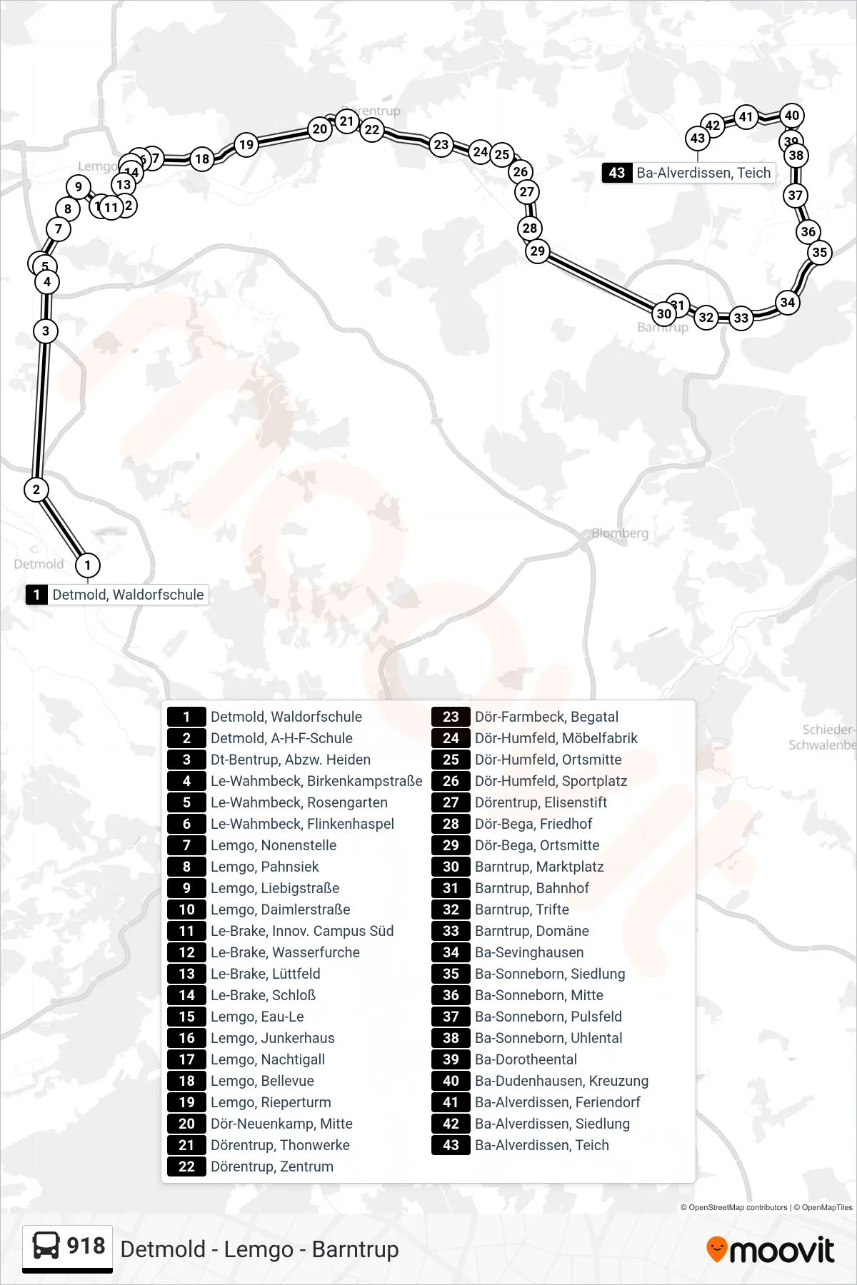 918 bus Line (Alverdissen) route and stops on a map