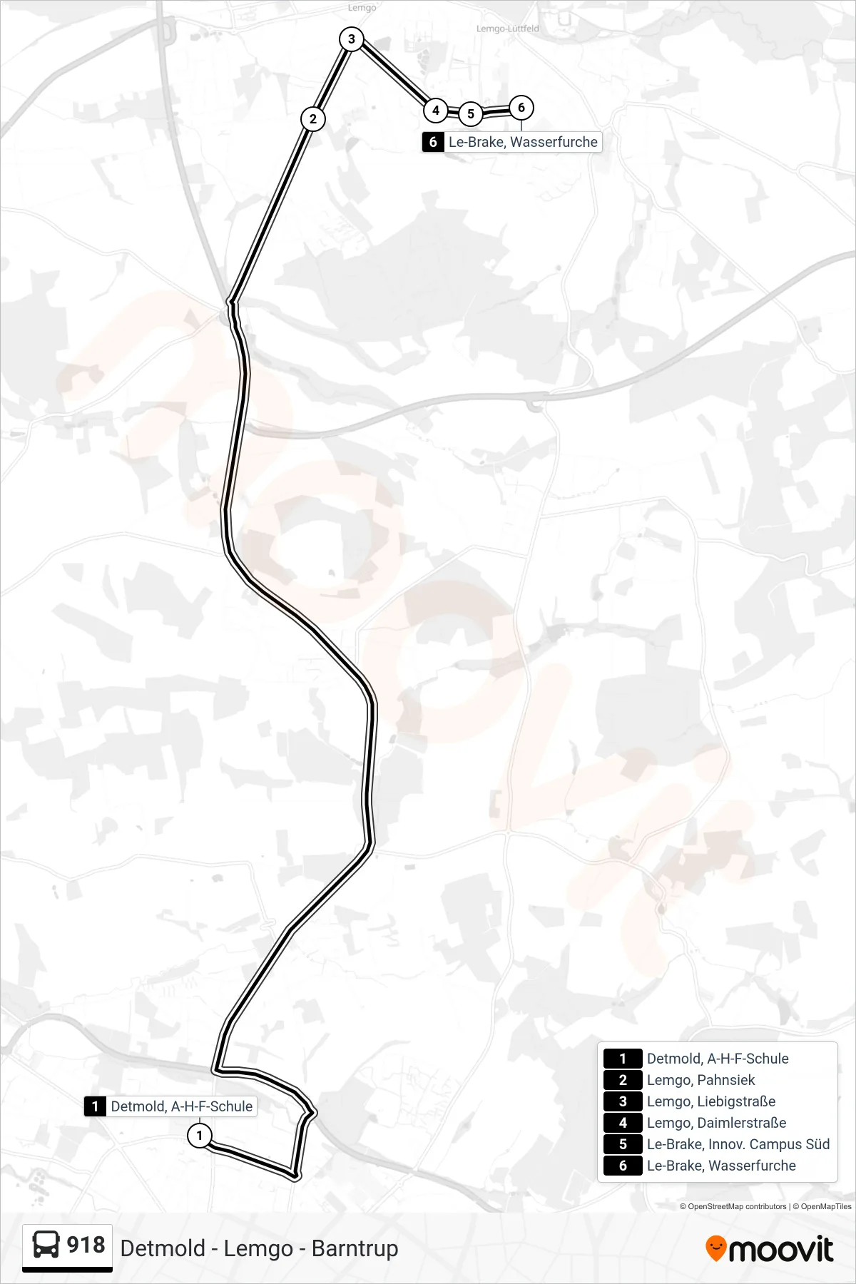 918 bus Line (Lemgo) route and stops on a map