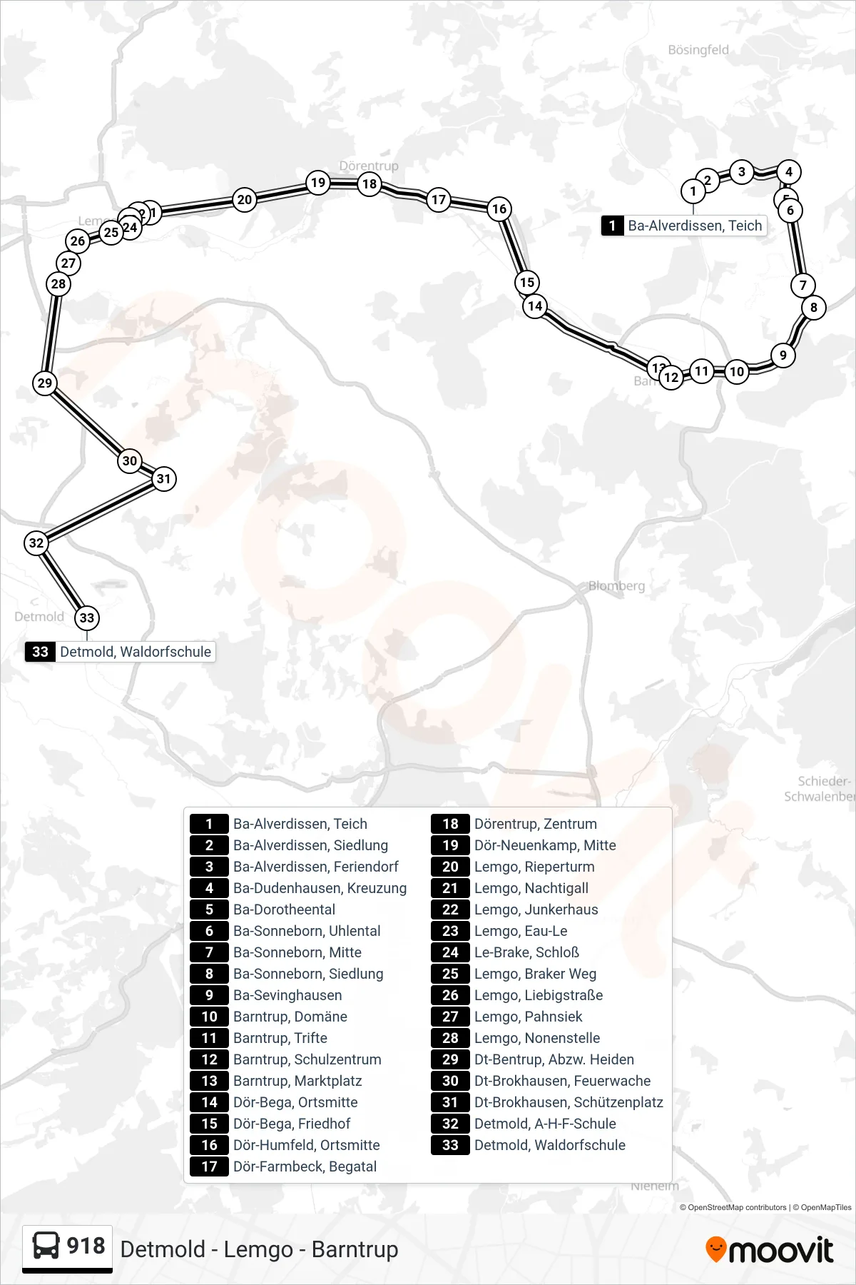 918 bus Line (Detmold, Waldorfschule) route and stops on a map