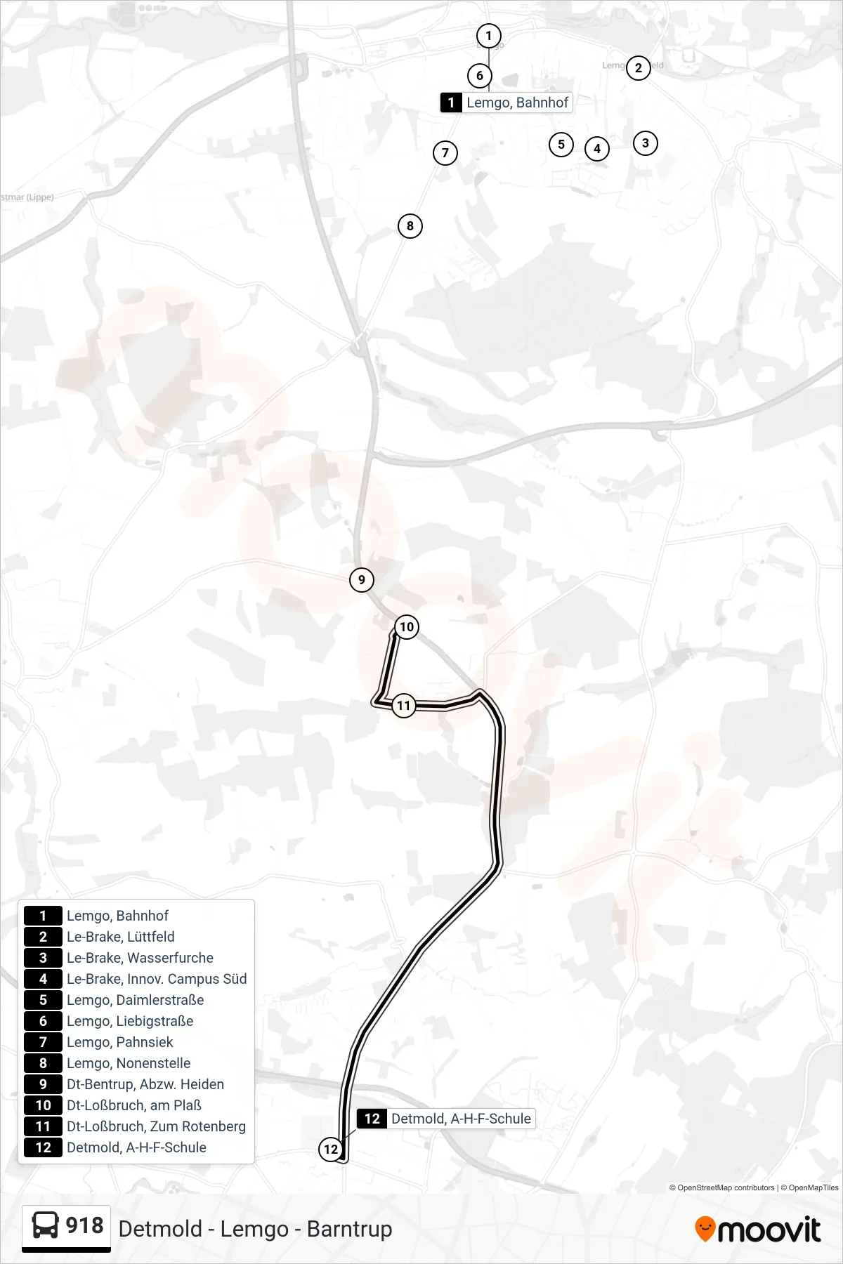 918 bus Line (Detmold, A-H-F-Schule) route and stops on a map