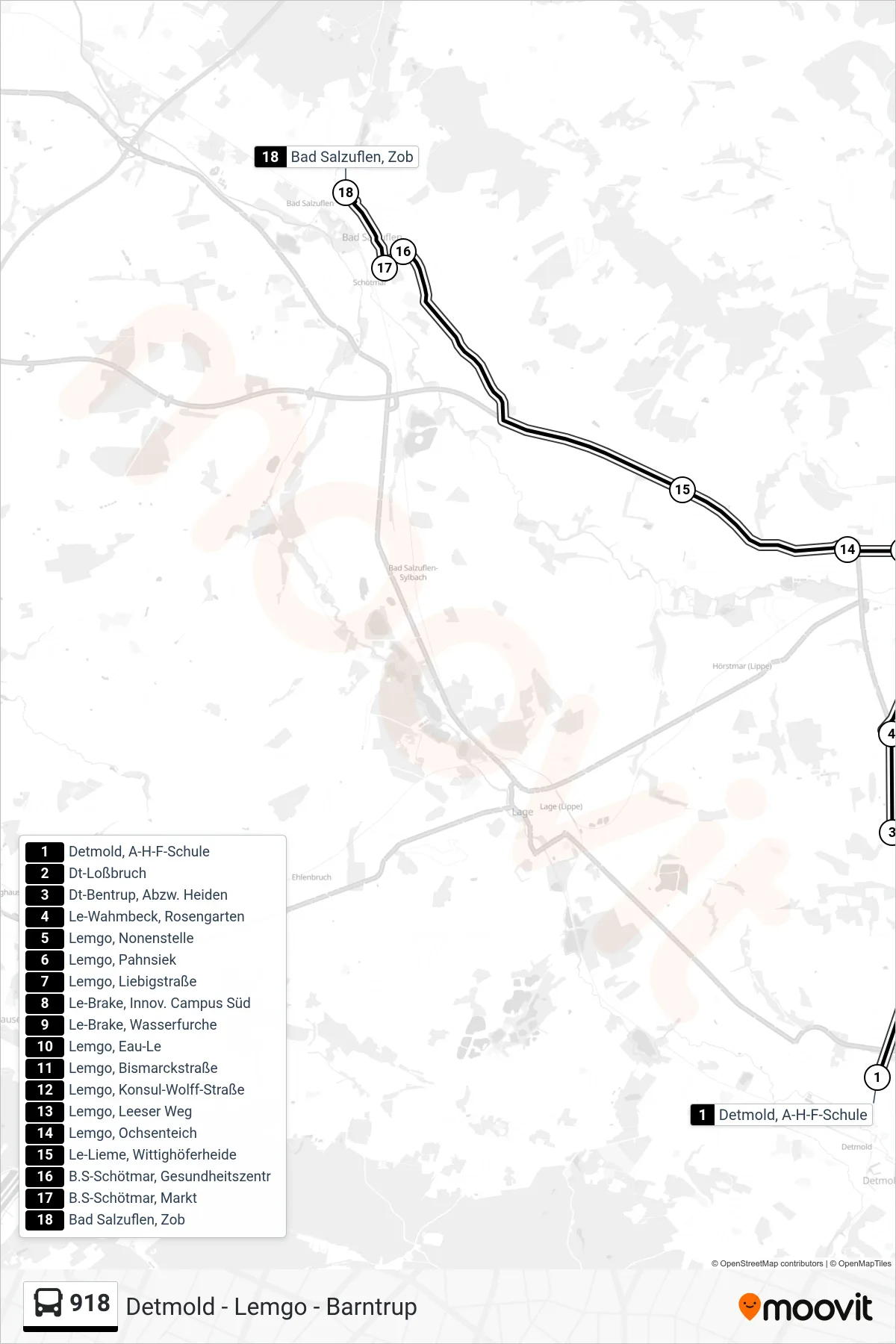 918 bus Line (Bad Salzuflen, Zob 2) route and stops on a map
