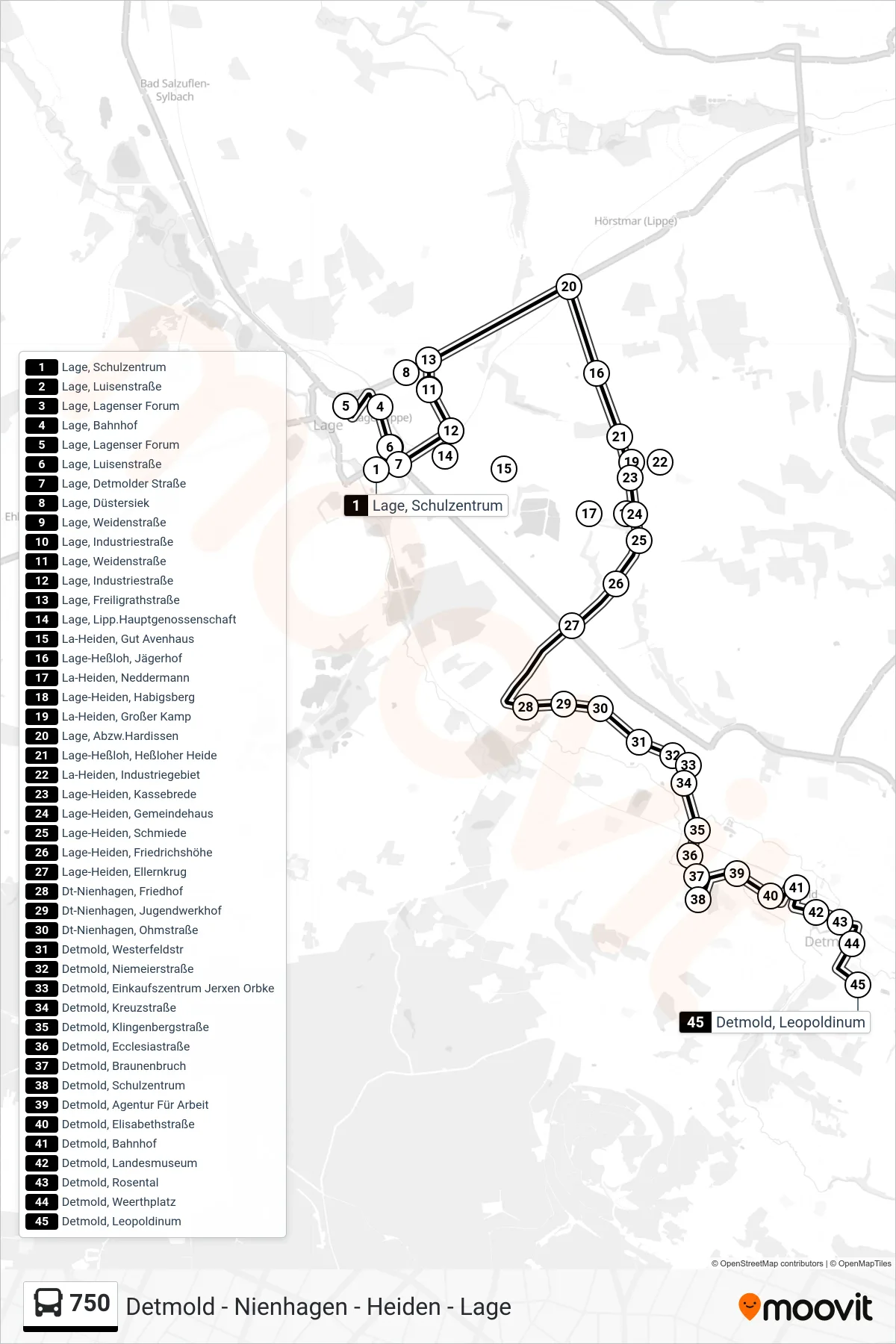 750 bus Line (Detmold) route and stops on a map