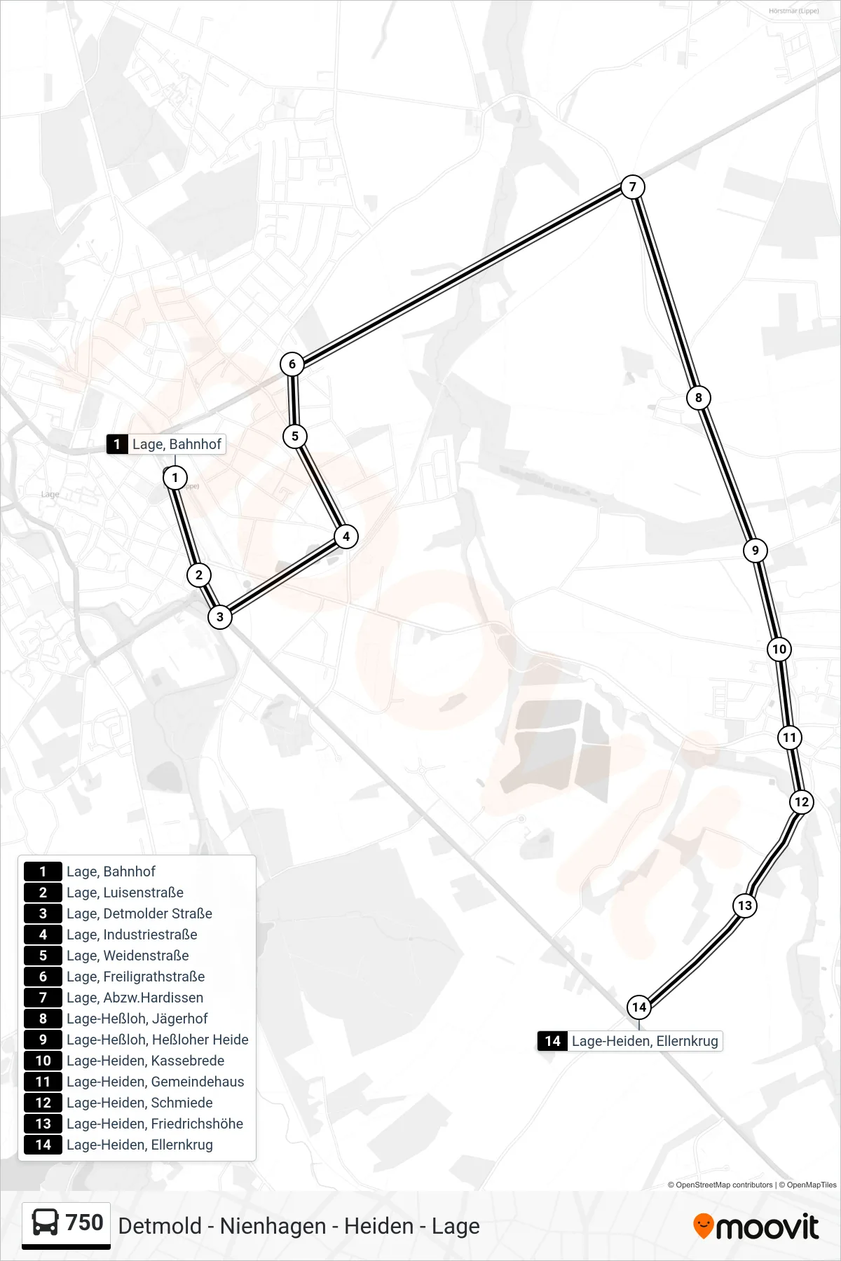 750 bus Line (Lage-Heiden, Ellernkrug) route and stops on a map