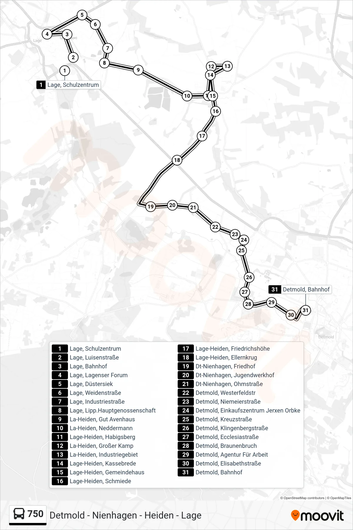 750 bus Line (Detmold, Bahnhof Steig 6) route and stops on a map