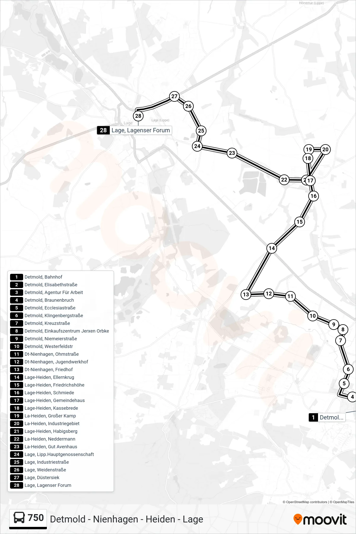 750 bus Line (Lage, Lagenser Forum) route and stops on a map