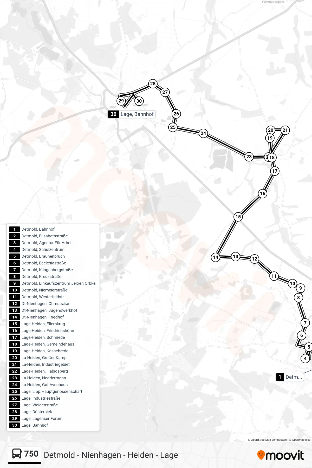 750 bus Line (Lage, Bahnhof) route and stops on a map
