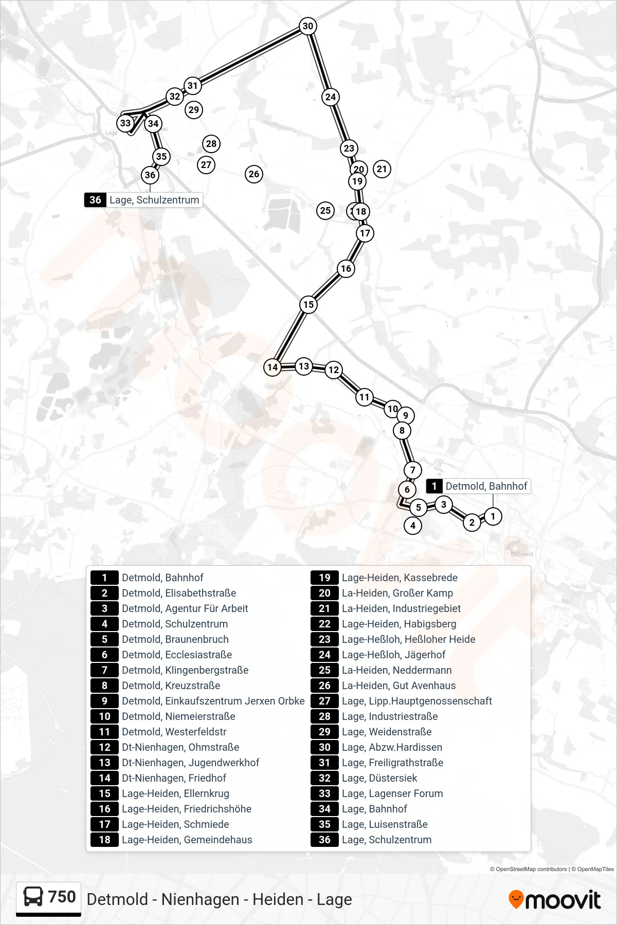 750 bus Line (Lage, Schulzentrum) route and stops on a map