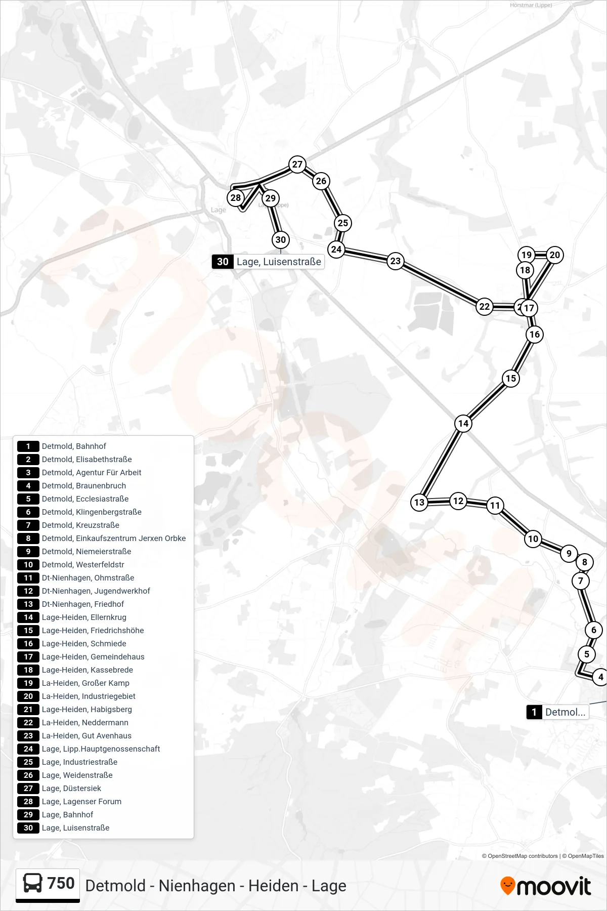 750 bus Line (Lage, Luisenstraße) route and stops on a map