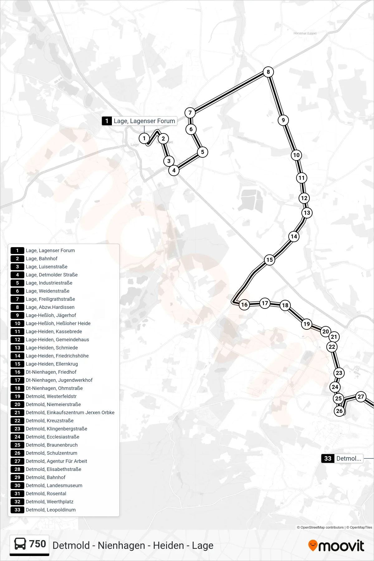 Linie 750 (Bus) Richtung Detmold, Leopoldinum: Route und Haltestellen auf der Karte