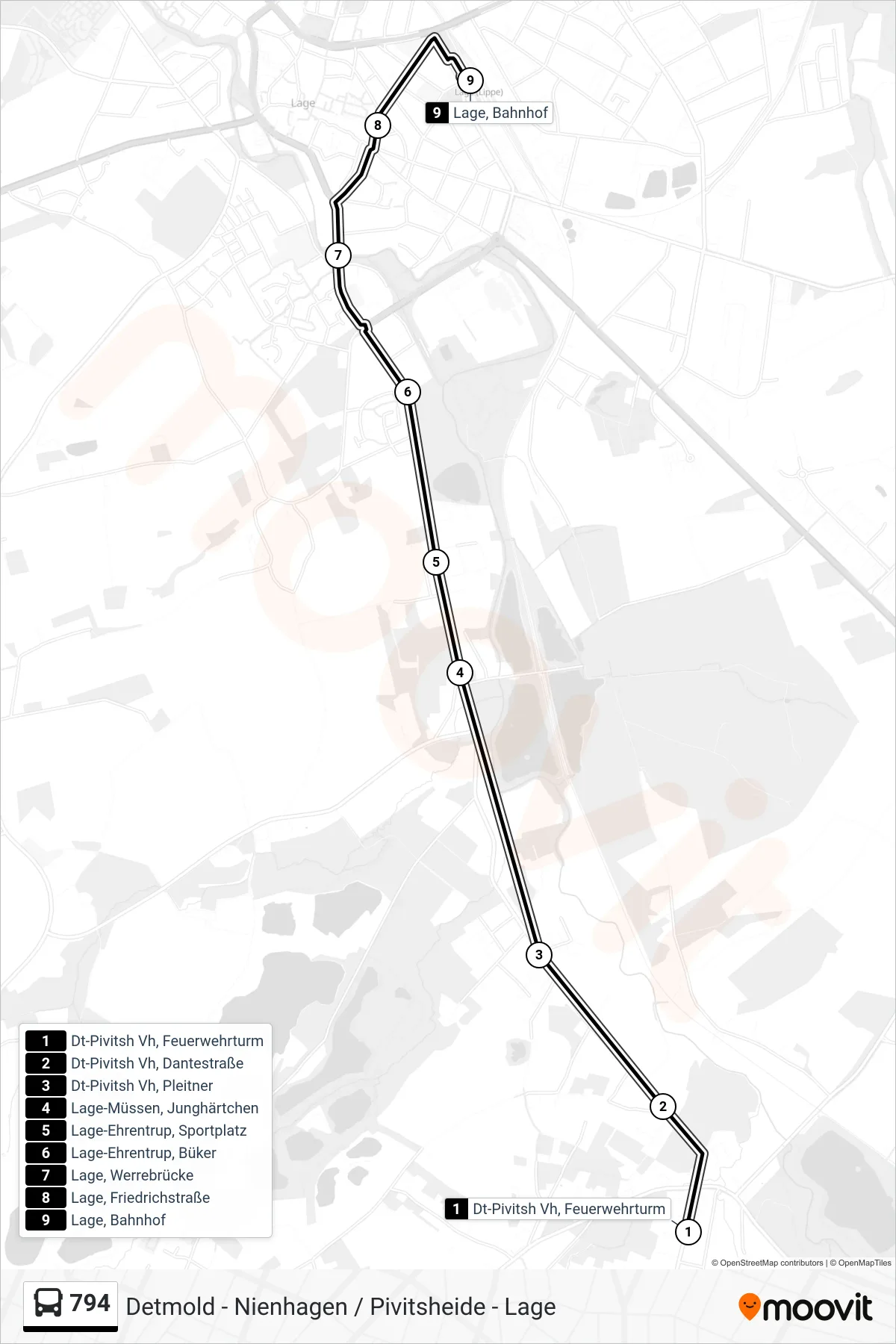 Linie 794 (Bus) Richtung Lage, Bahnhof: Route und Haltestellen auf der Karte