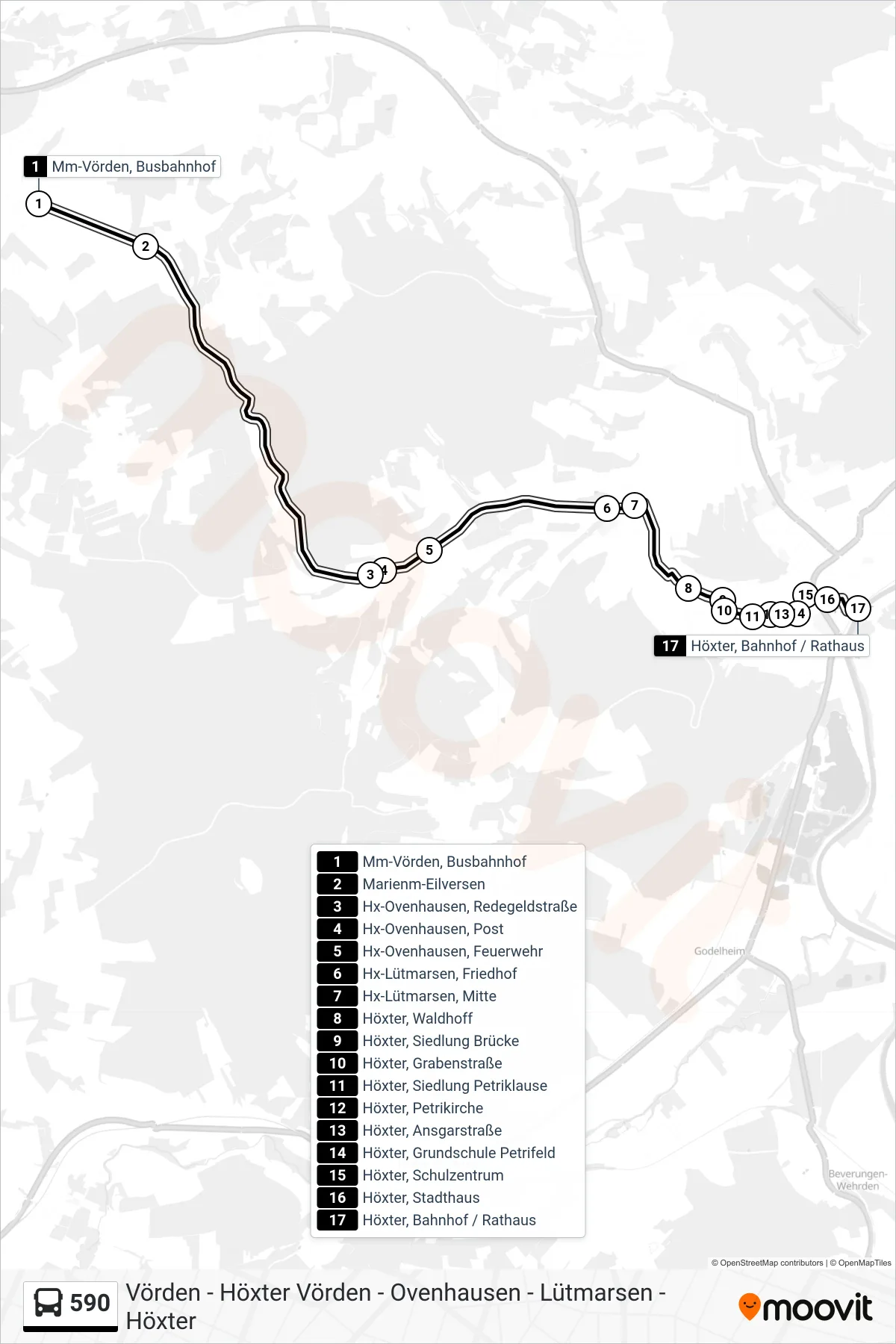 Linie 590 (Bus) Richtung Höxter, Bahnhof / Rathaus: Route und Haltestellen auf der Karte
