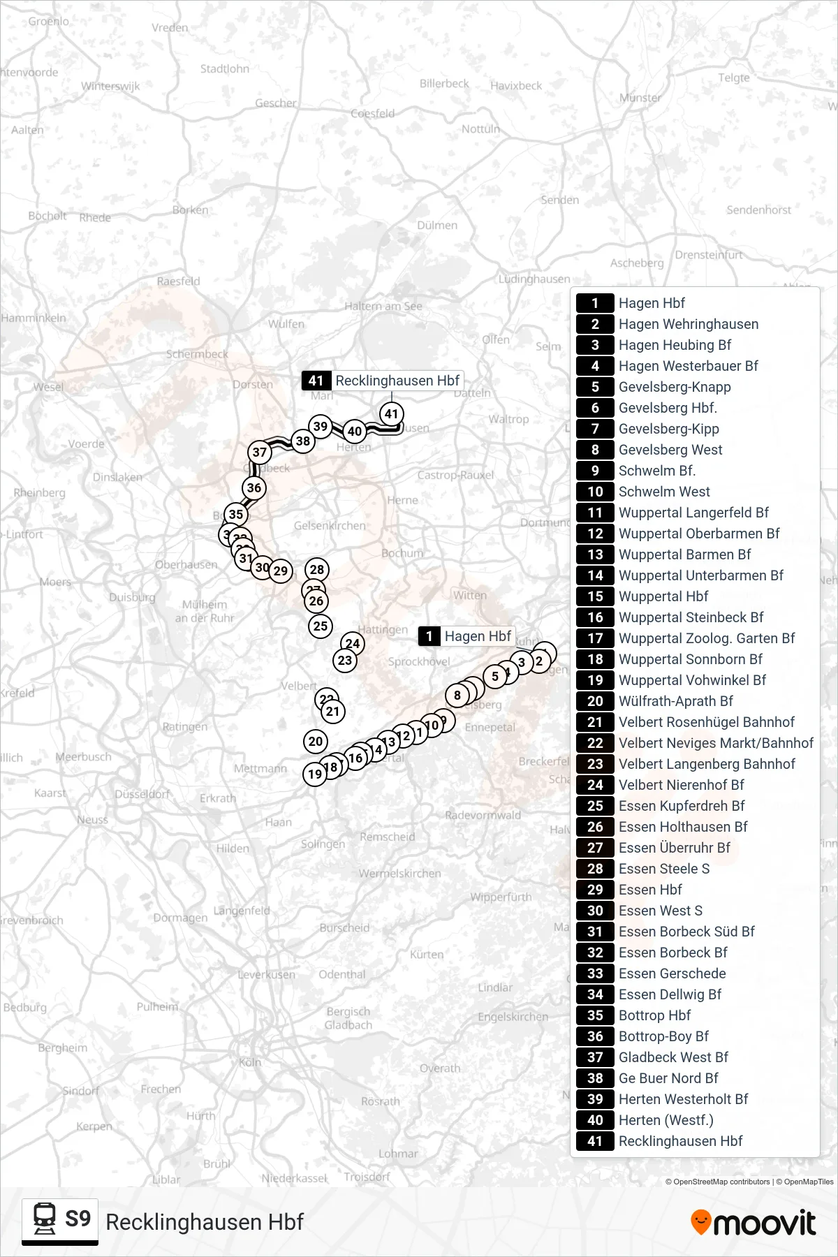 S9 train Line (Recklinghausen Hbf) route and stops on a map