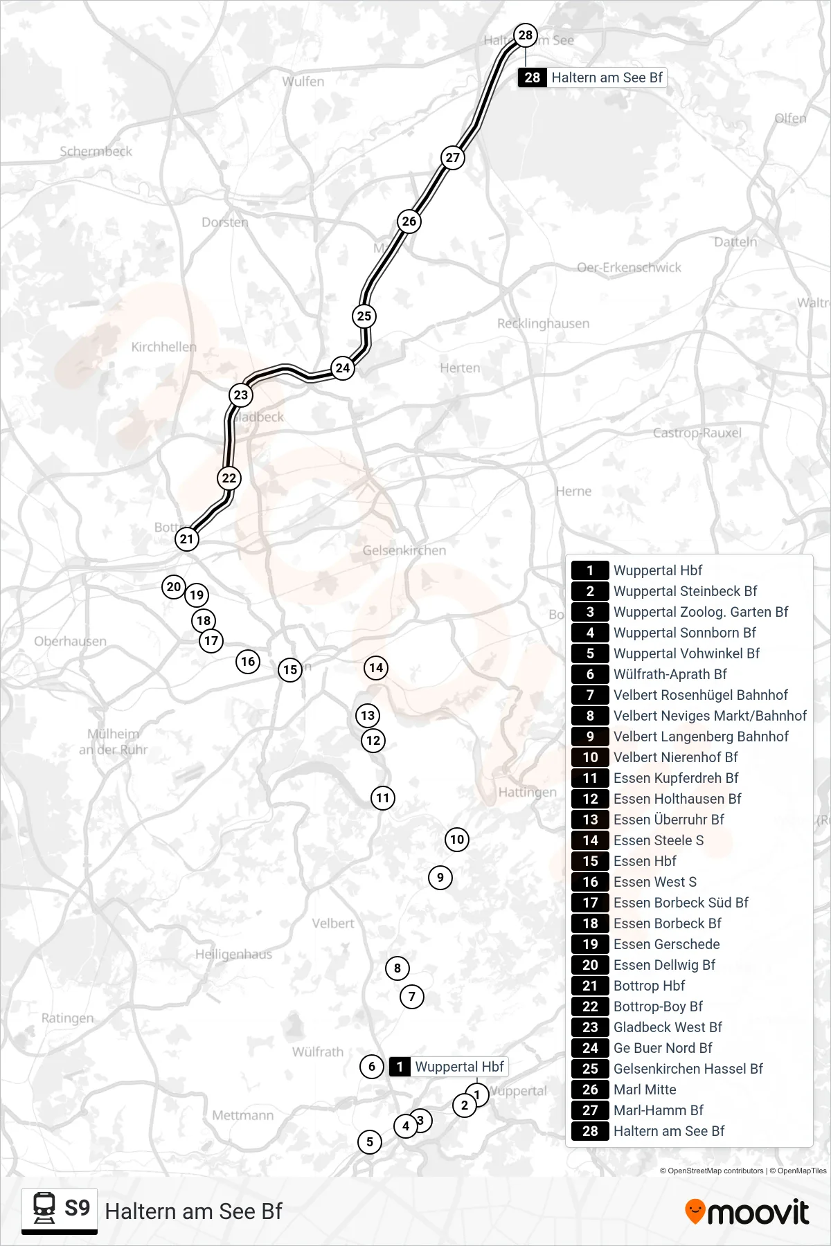 Linie S9 (Bahn) Richtung Haltern am See Bf: Route und Haltestellen auf der Karte