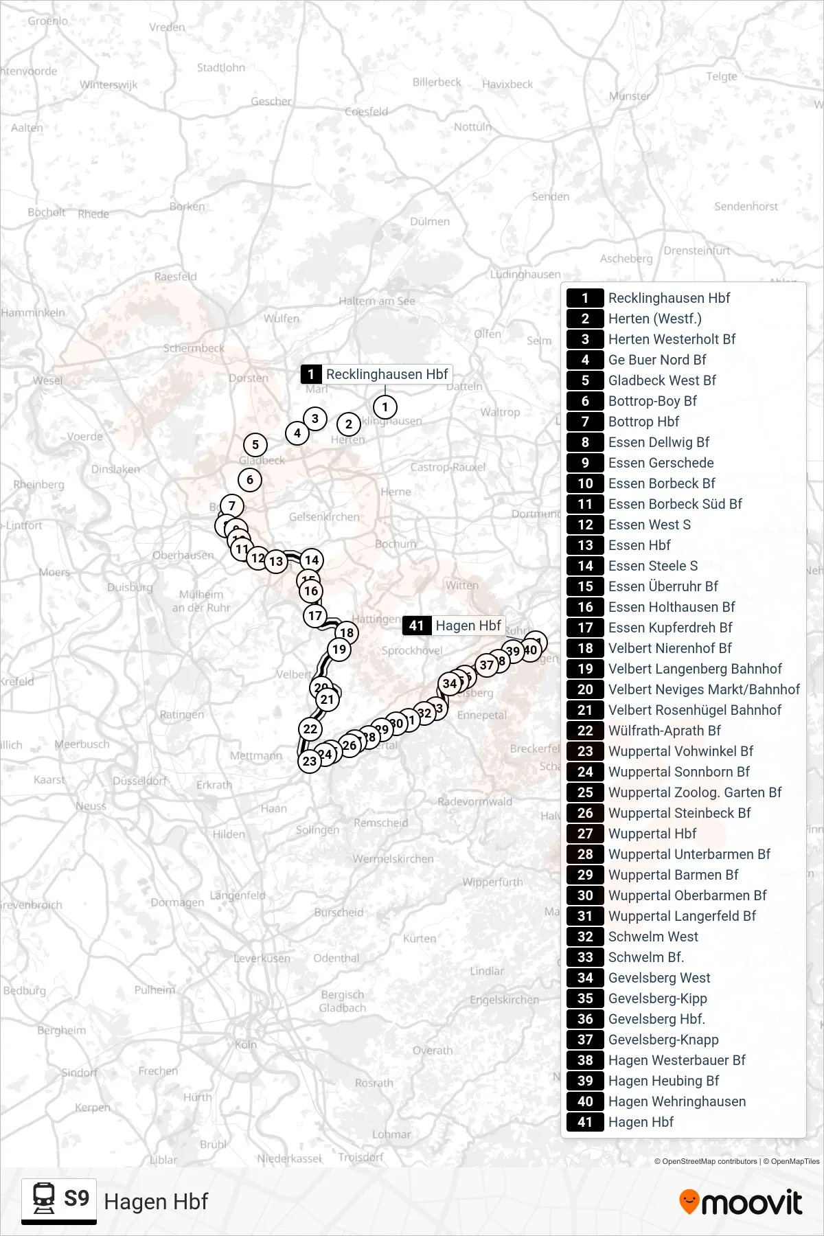 Linie S9 (Bahn) Richtung Hagen Hbf: Route und Haltestellen auf der Karte