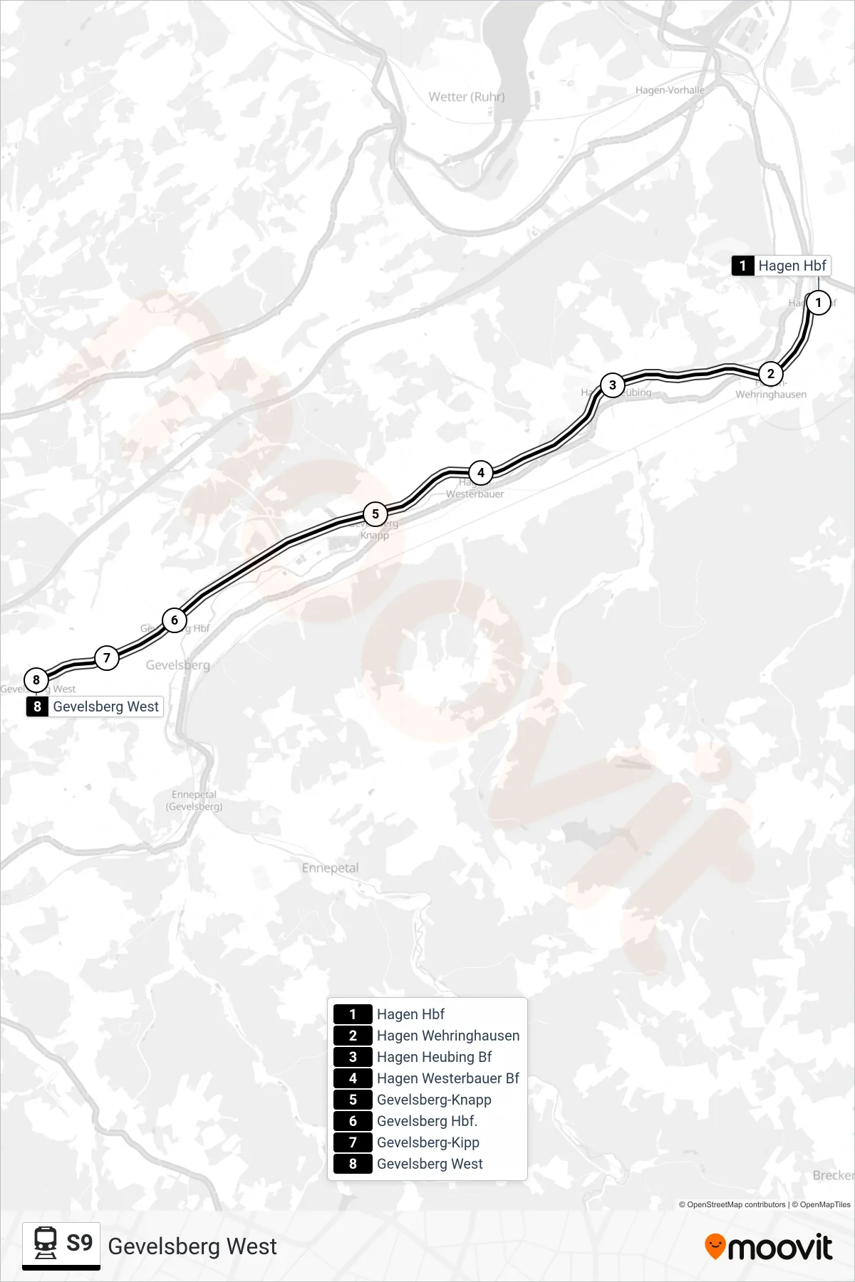 Linie S9 (Bahn) Richtung Gevelsberg West: Route und Haltestellen auf der Karte